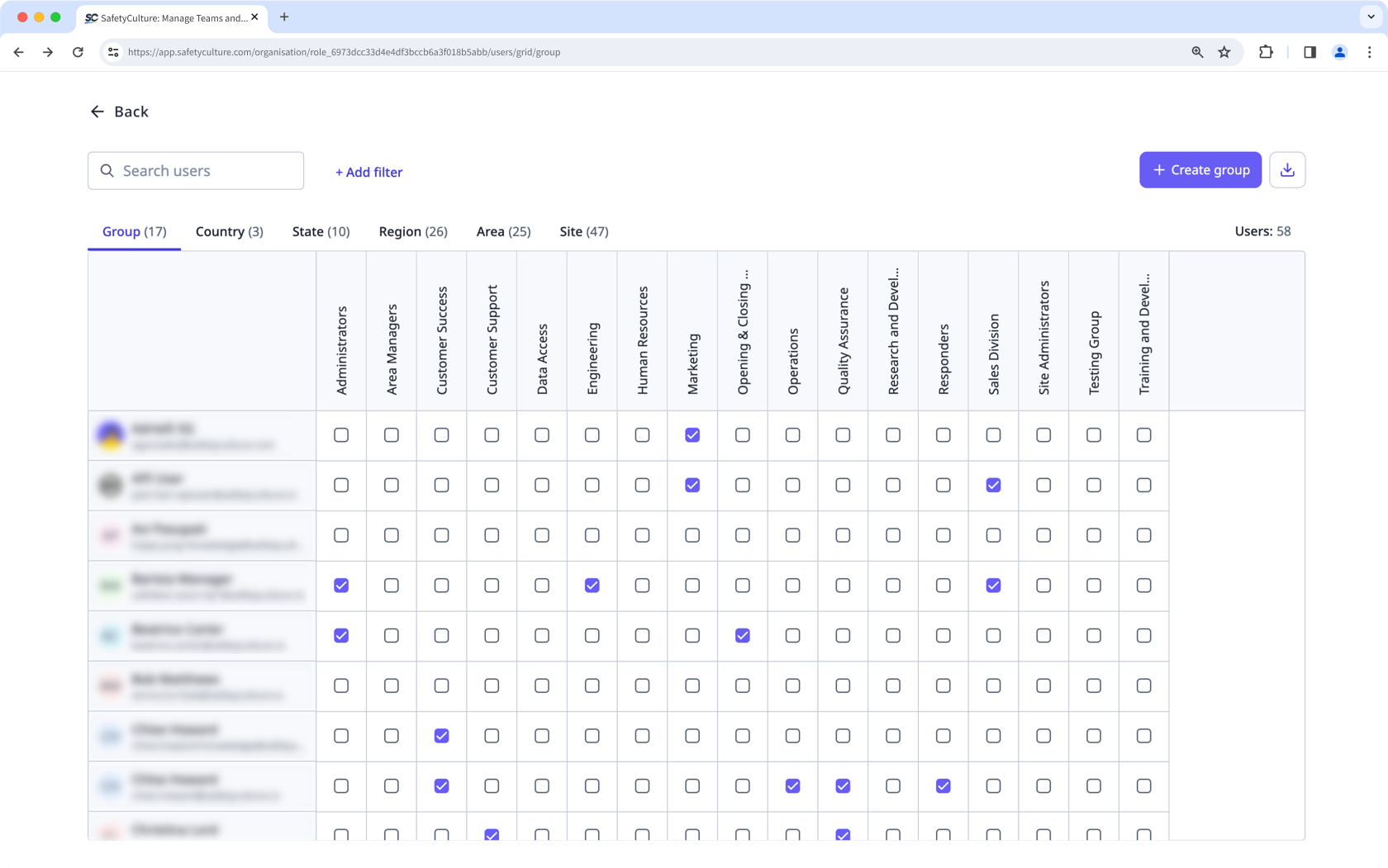 Un ejemplo de la tabla de la matriz de grupos y sitios en la aplicación web.