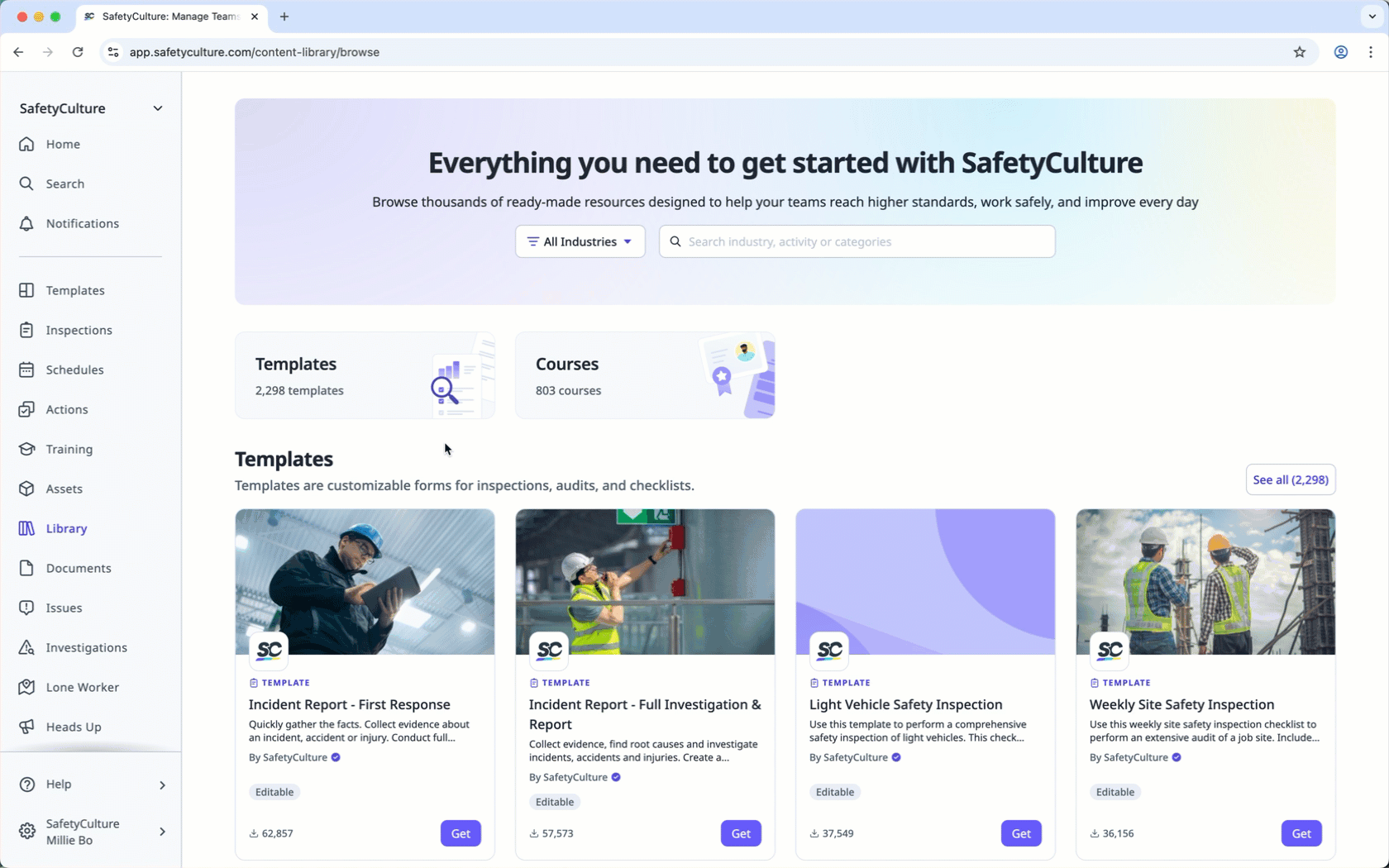 Parcourez les modèles dans la bibliothèque de SafetyCulture à partir de l'application Web.