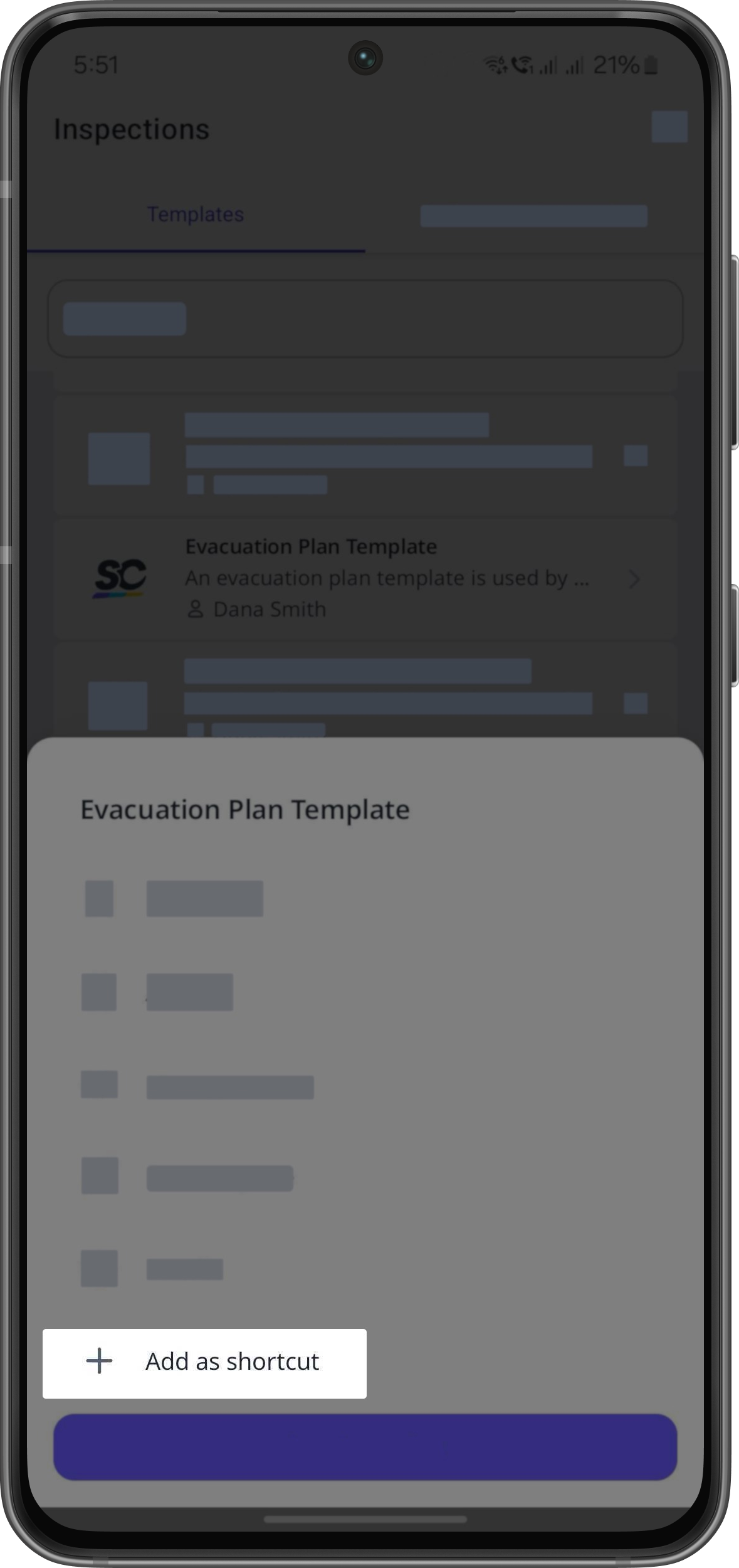 Toque "Añadir como acceso directo" en las opciones emergentes para seleccionar la plantilla para el acceso directo de "Iniciar inspección usando plantilla" a través de la aplicación móvil en Android.