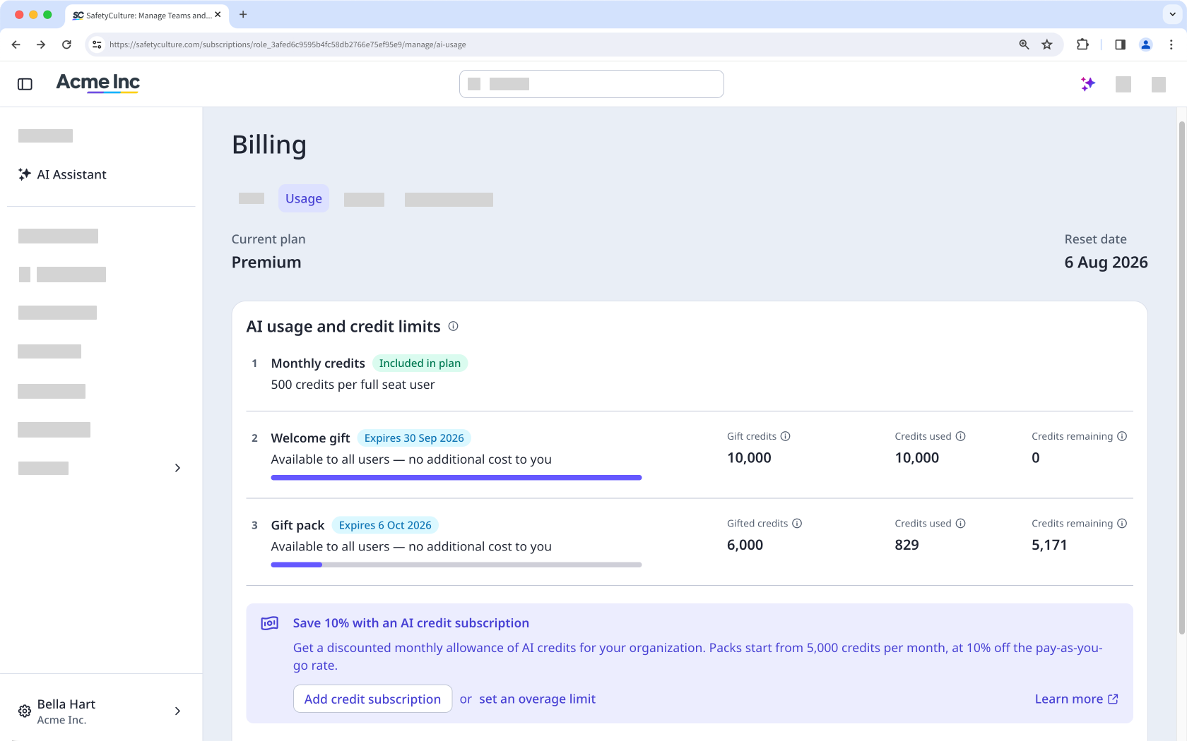 Billing page showing AI usage and credit limits, with allotted, used, and remaining credits for monthly plan credits and a welcome gift, plus a banner to add a credit subscription or set an average limit.