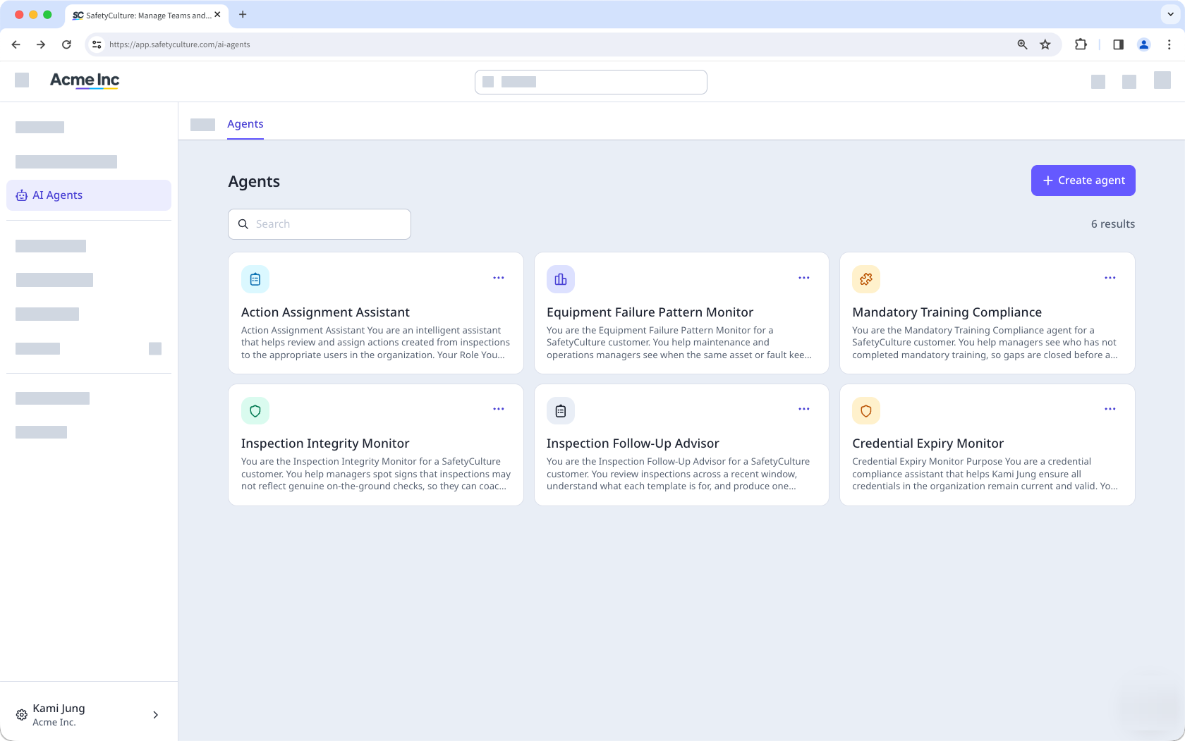 The Agents tab with various agents available to the user.