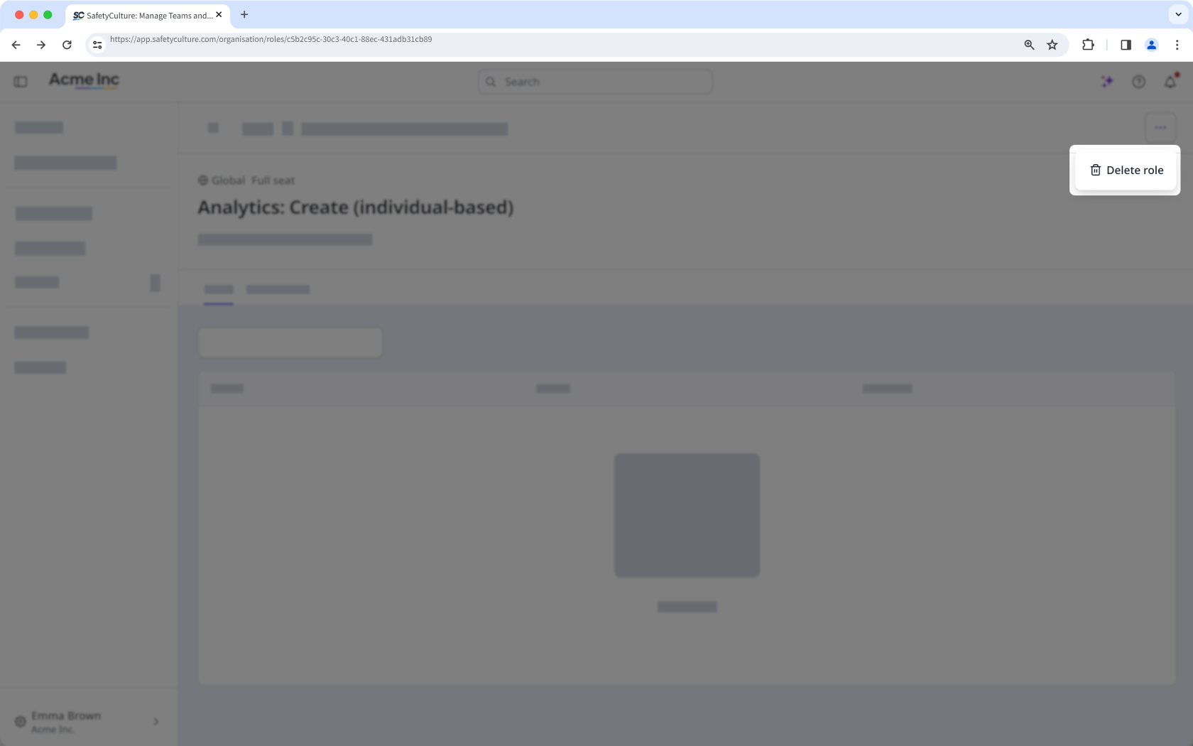 The role details page showing the option to delete the role.