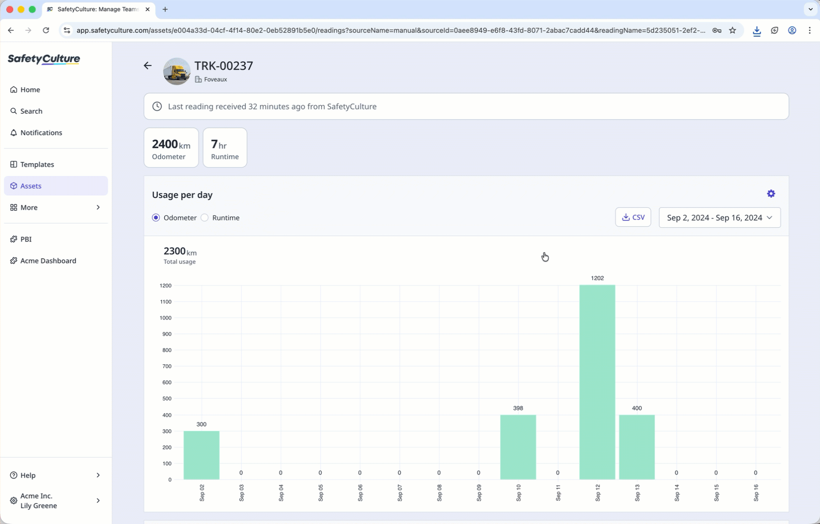 Download asset readings as a CSV file from the asset profile.