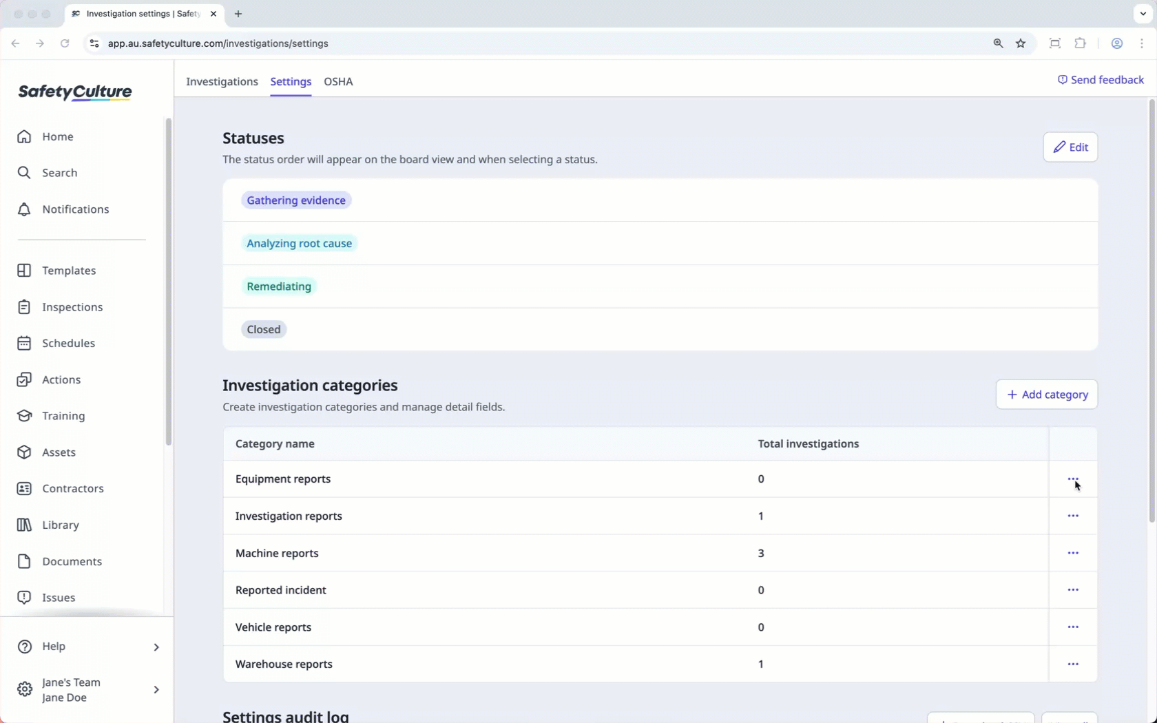 Manage investigation detail fields via the web app.
