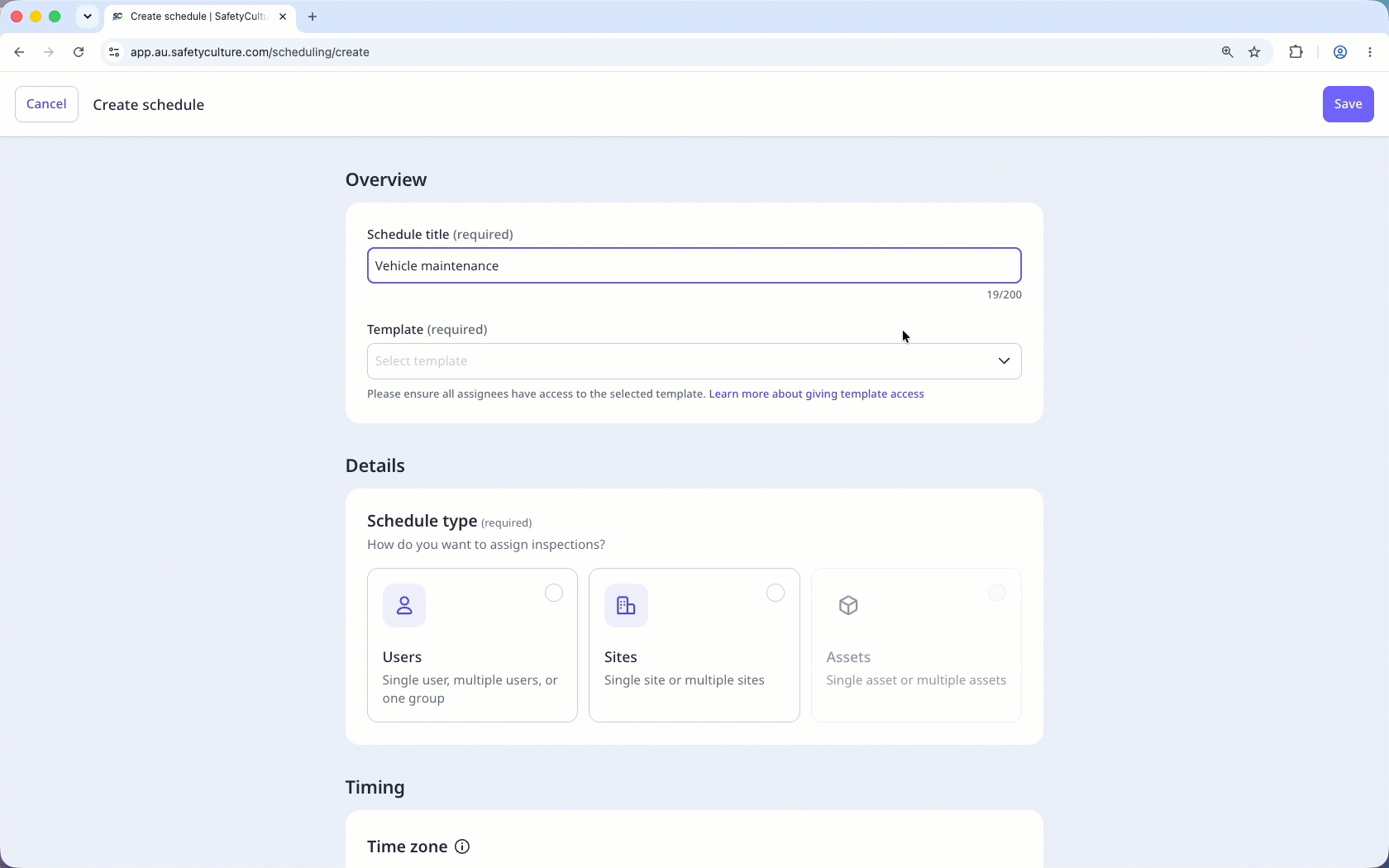 Configure the schedule form to create an asset-based schedule.