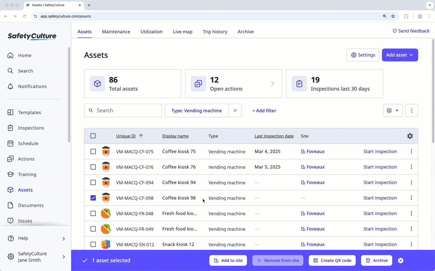 Add a selected asset to a site via the web app.