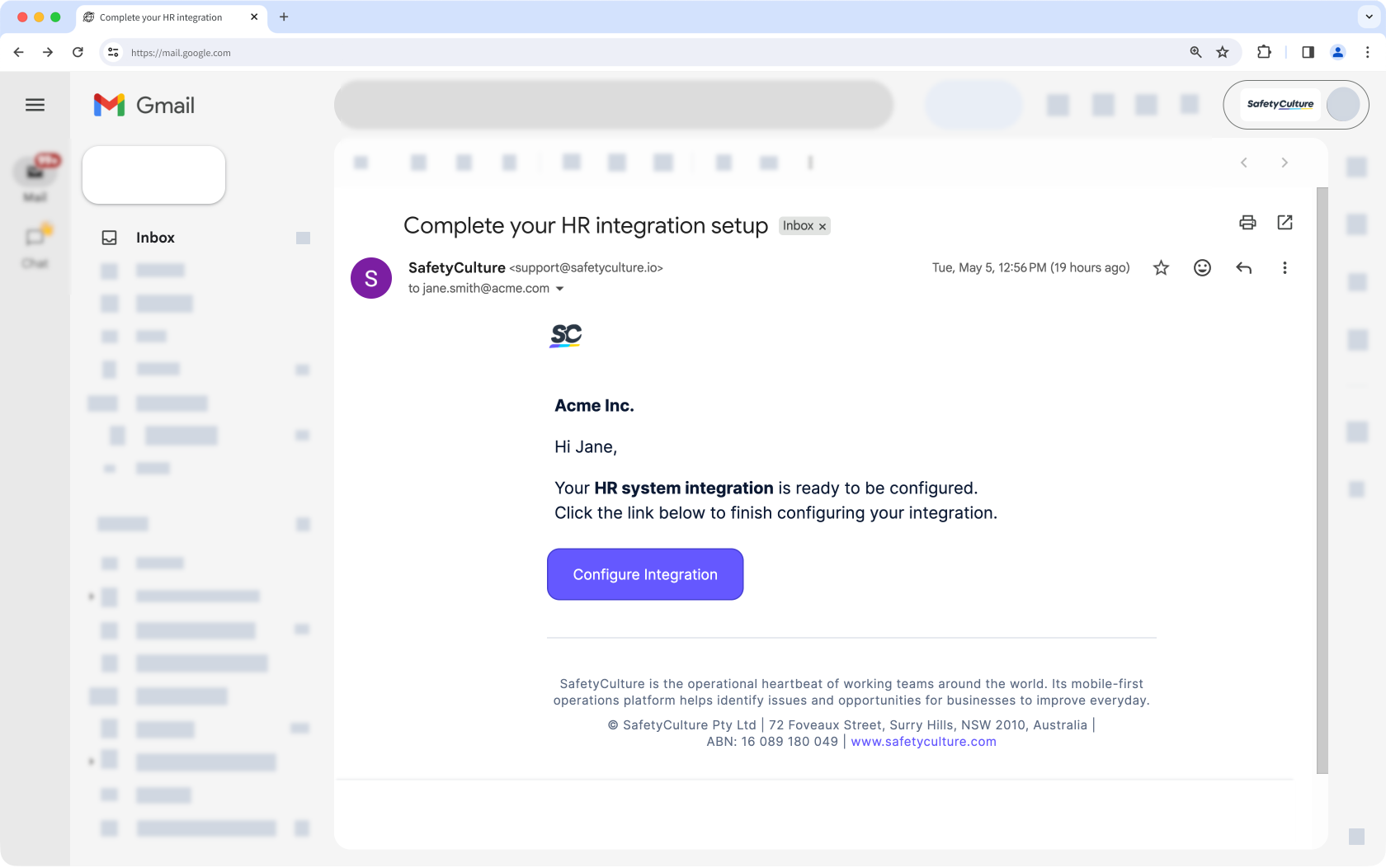 Afficher la notification par e-mail pour terminer votre intégration de système RH dans SafetyCulture.