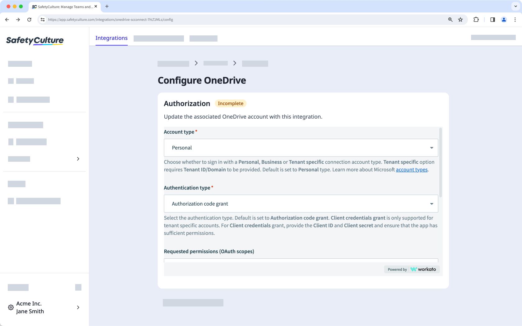 Configure OneDrive integration via the web app.