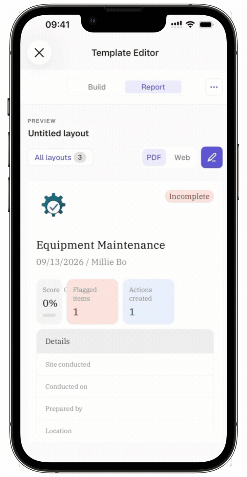 Demo zur Erstellung eines Berichtslayouts über eine mobile App.