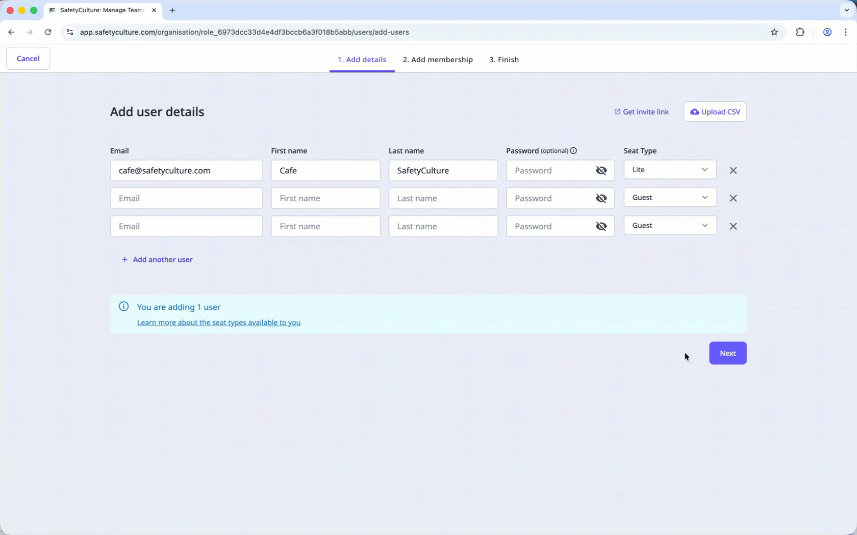 Add important user details while you add your user to the organization via the web app.