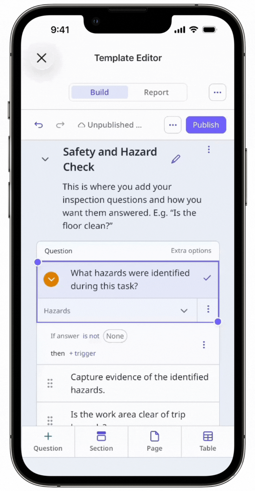 Add logic fields to a question in the template editor via the mobile app.