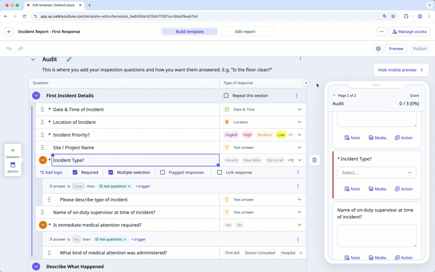 Désactiver le score d'une question d'inspection dans l'Éditeur de modèles via l'application Web.