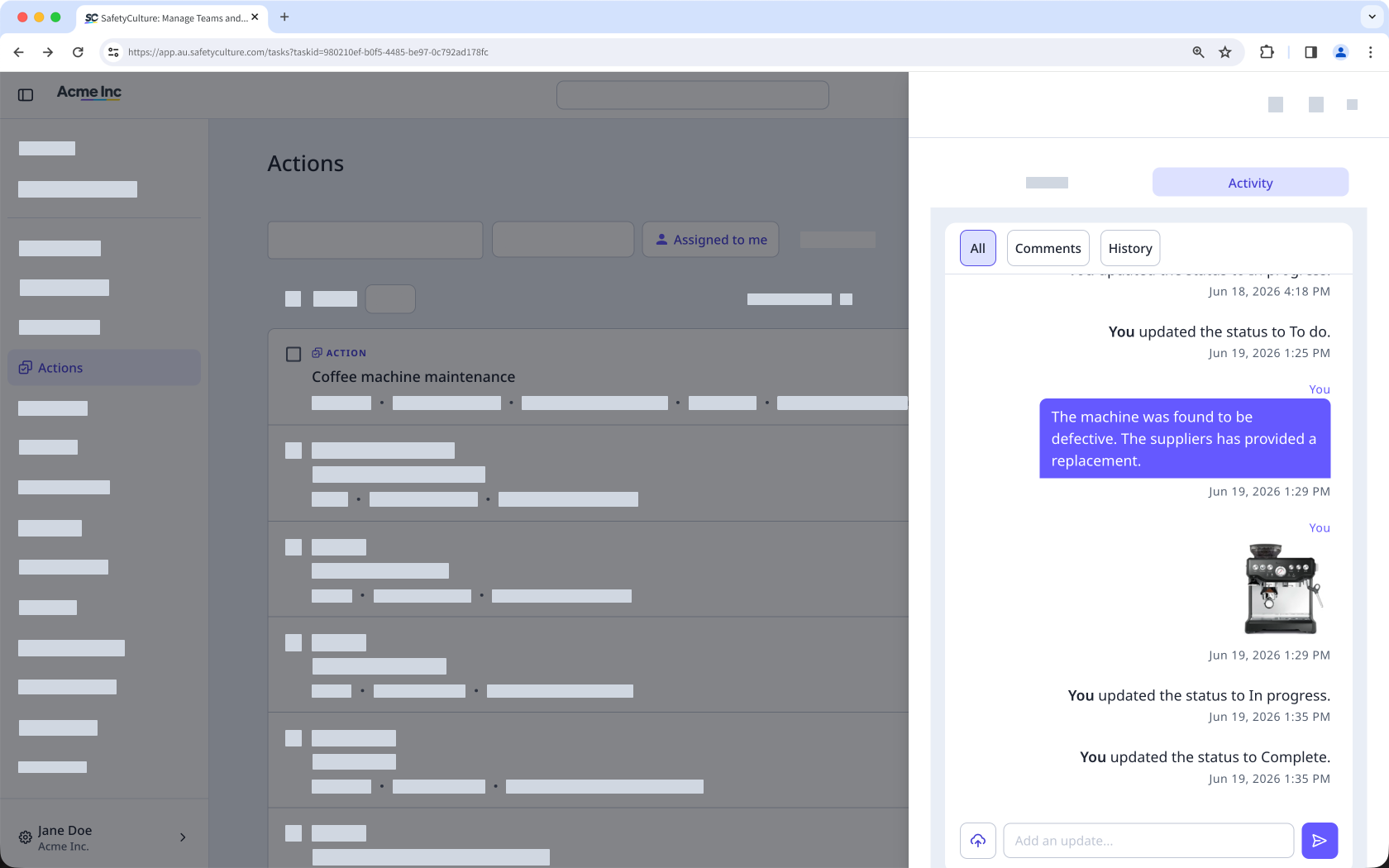 View an assigned action's activity tab on the web app.