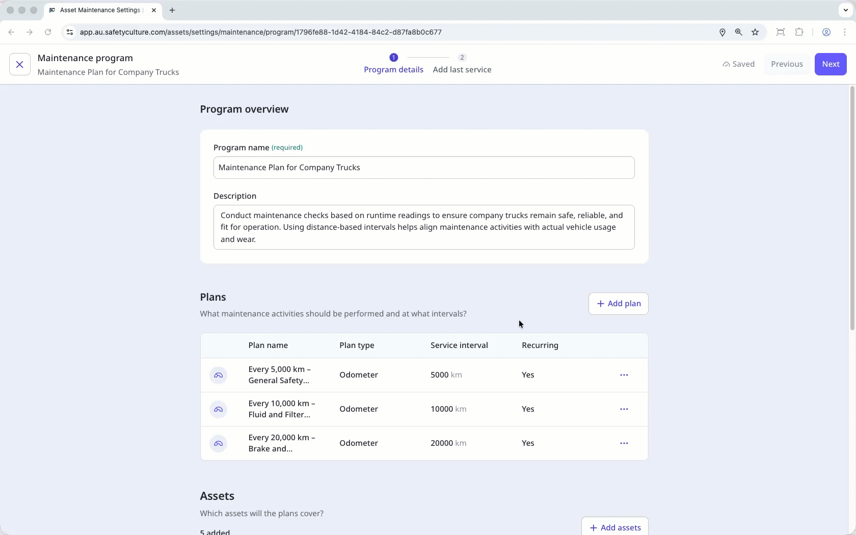 Edit maintenance program details via the web app.