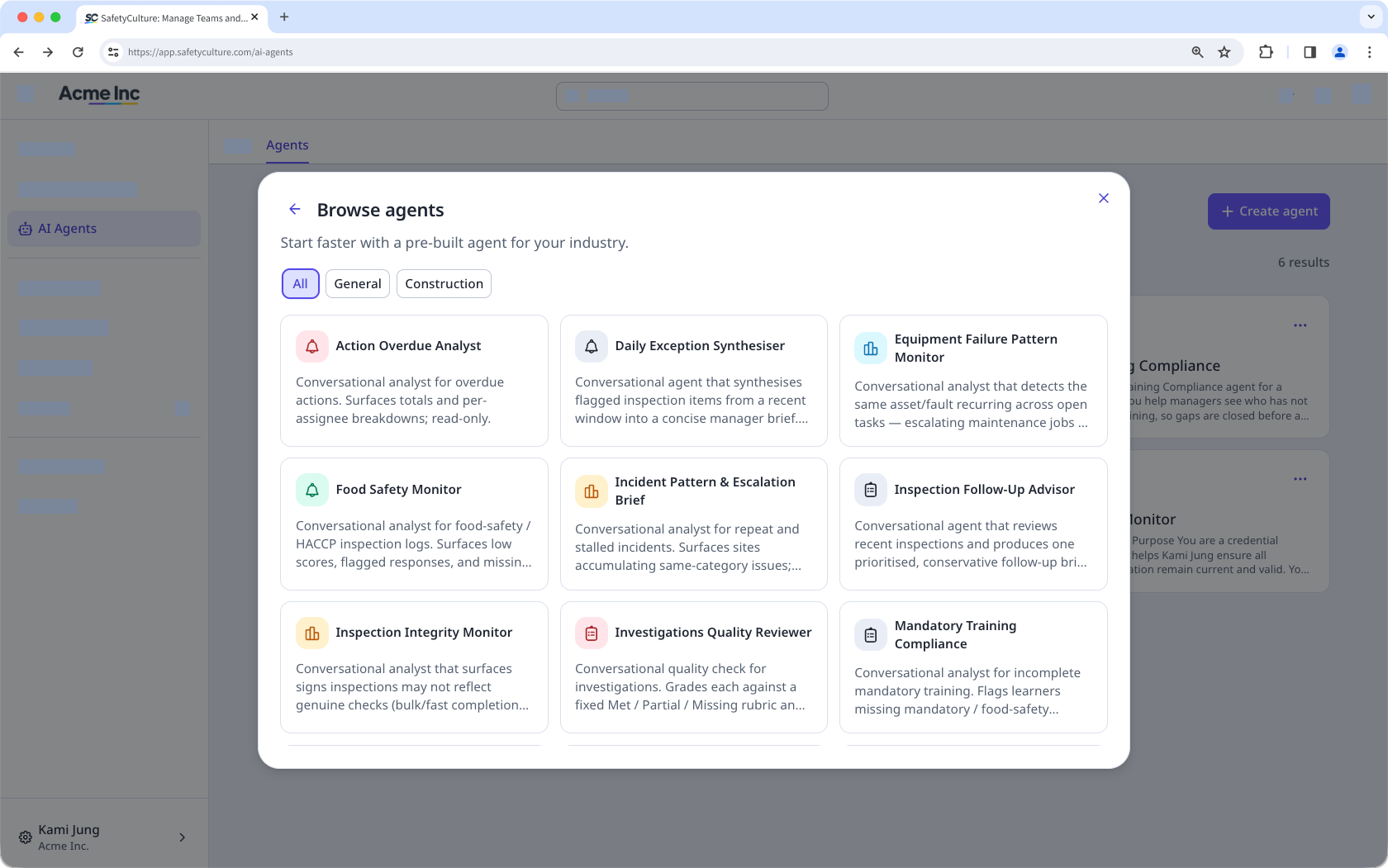 The AI Agents page with the template library open where you can select a predefined agent to start with.