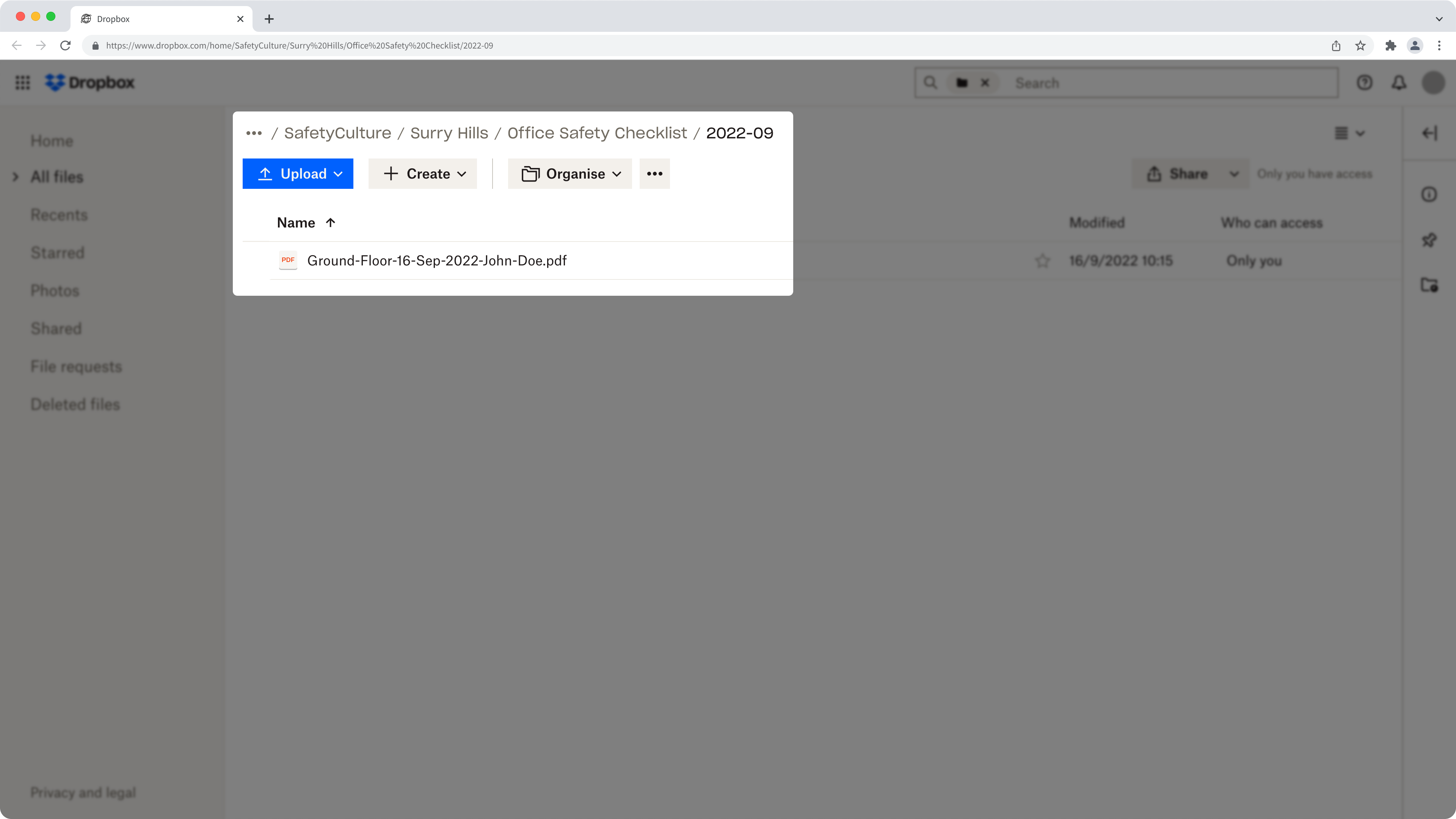Ein Beispiel für Inspektionsberichte in Dropbox mit der SafetyCulture-Integration.