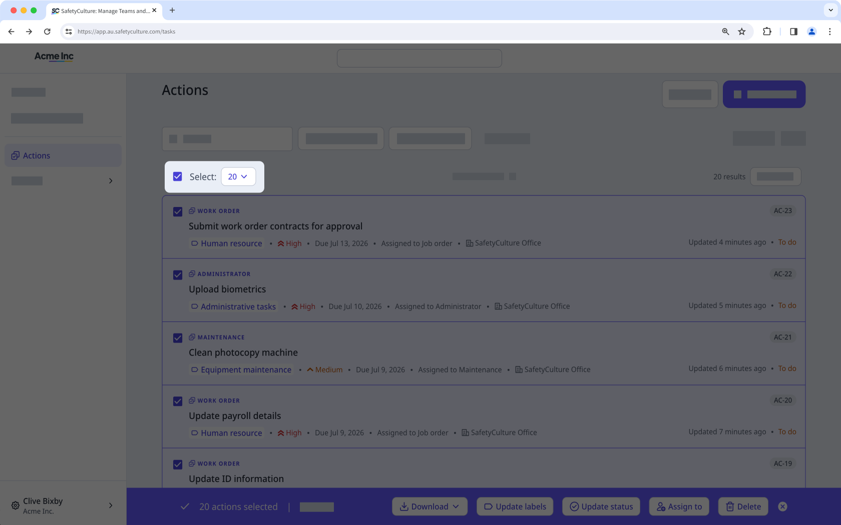 Select all actions by checking the box on the upper-left of the list, then click the dropdown menu and select the maximum number. You can also download specific actions by checking their boxes.