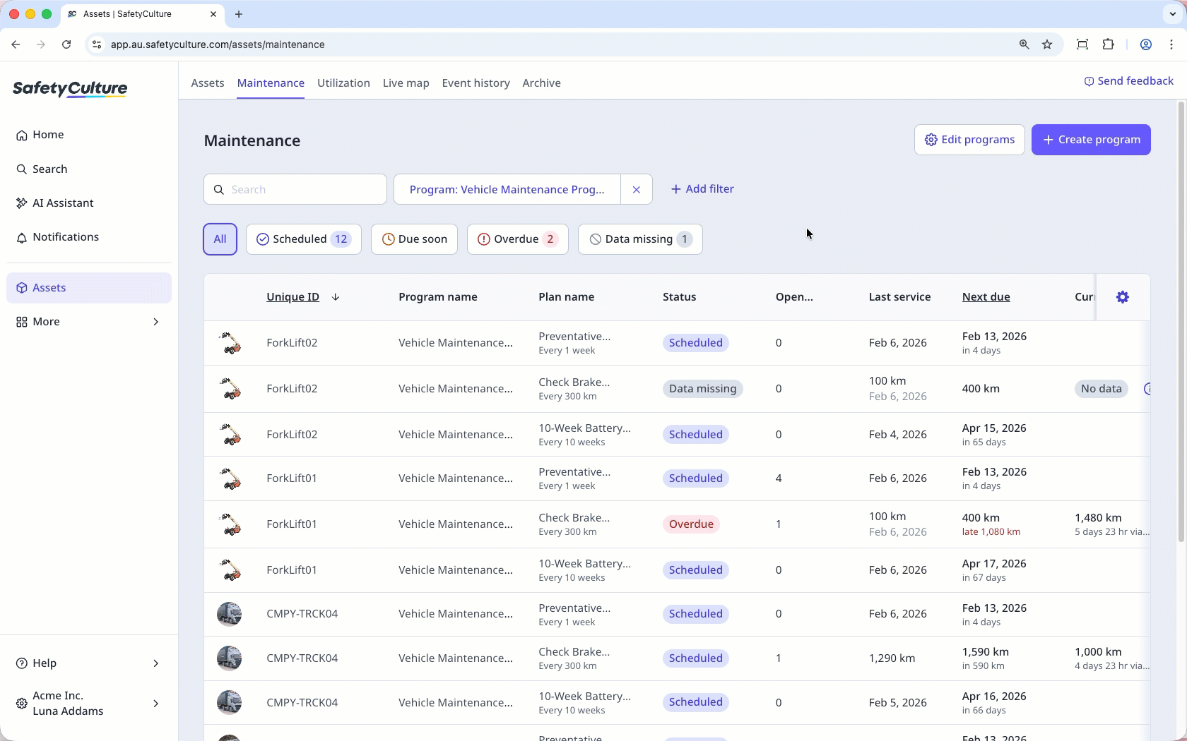 Edit a maintenance plan from a program via the web app.