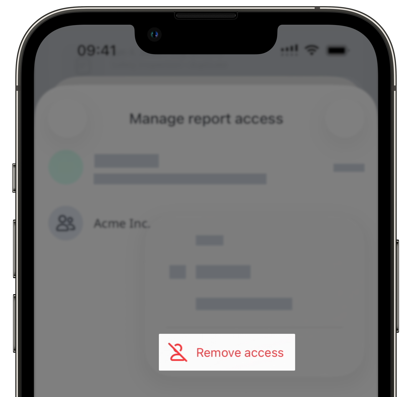 The "Manage report access" screen with the "Remove access" button visible.