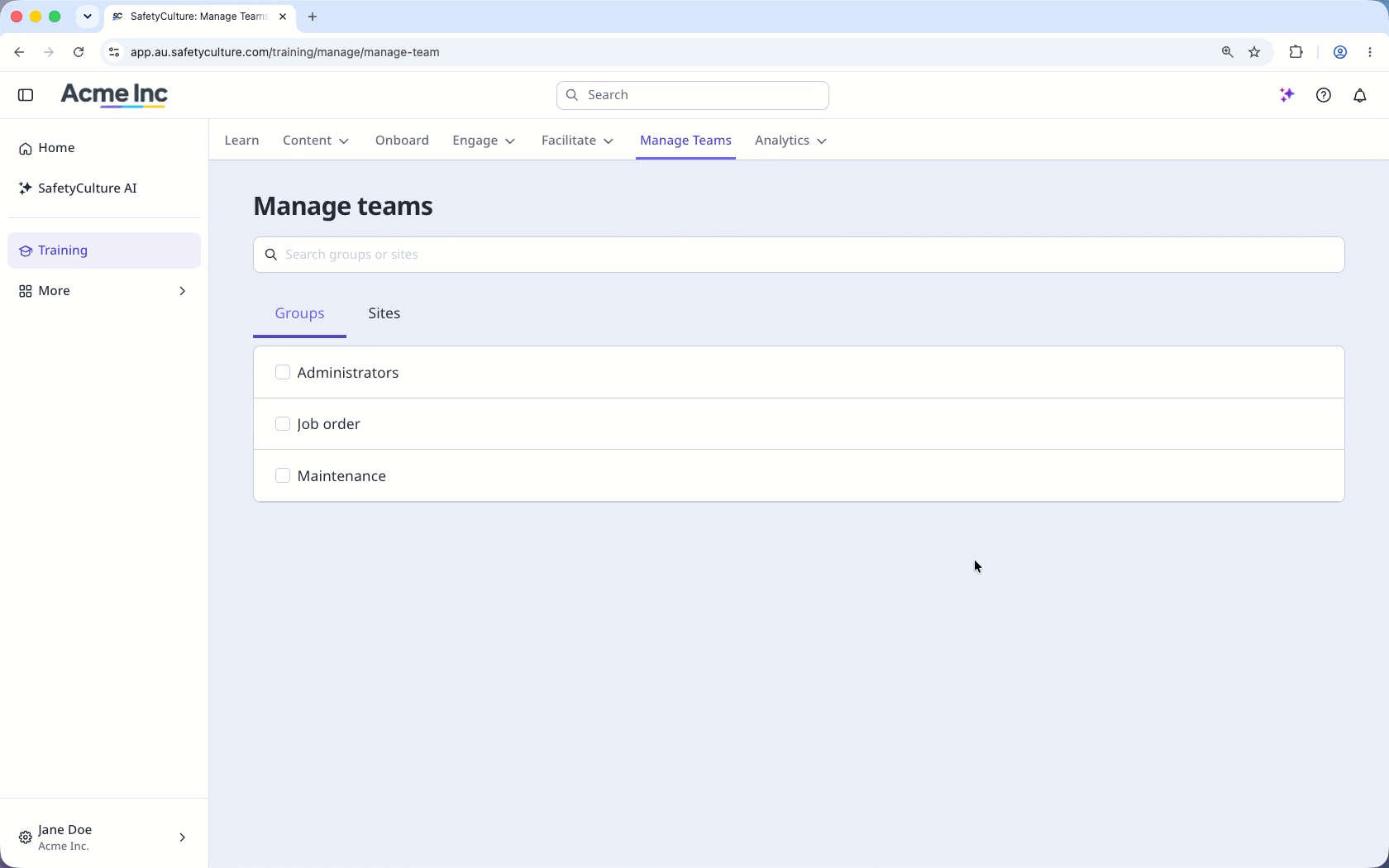 Assign team managers for a group and site via the web app.
