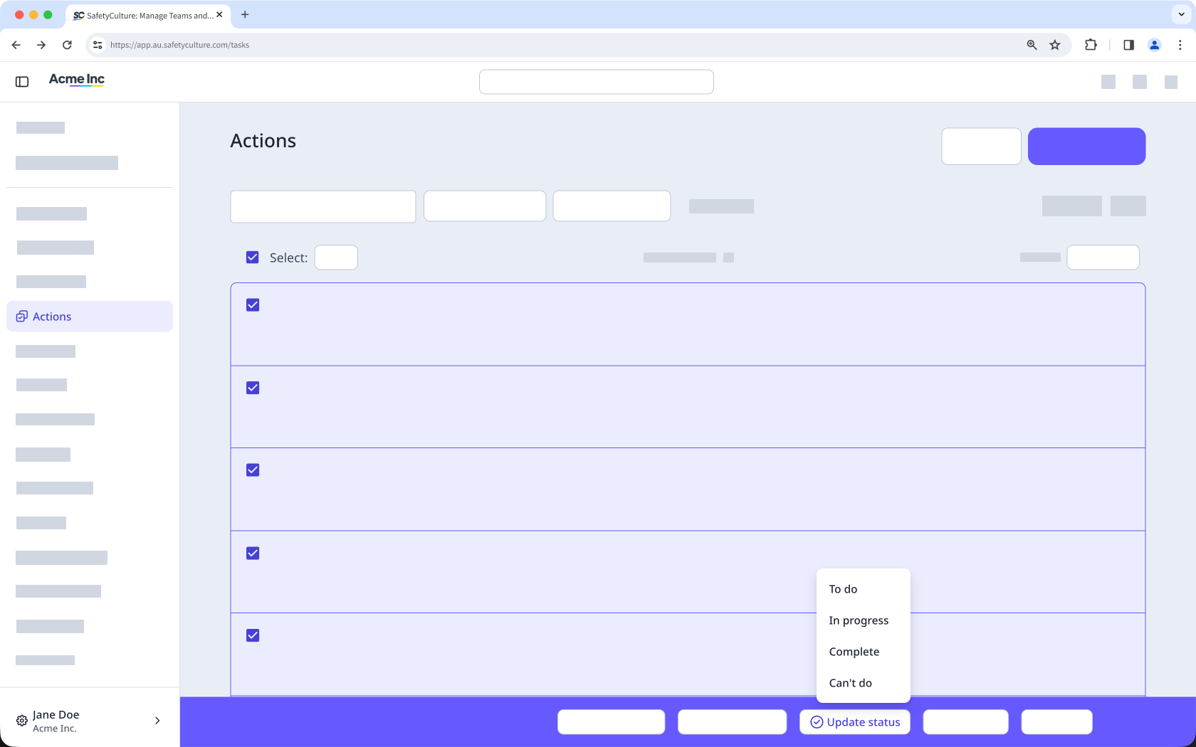 Bulk move actions' statuses via the web app.