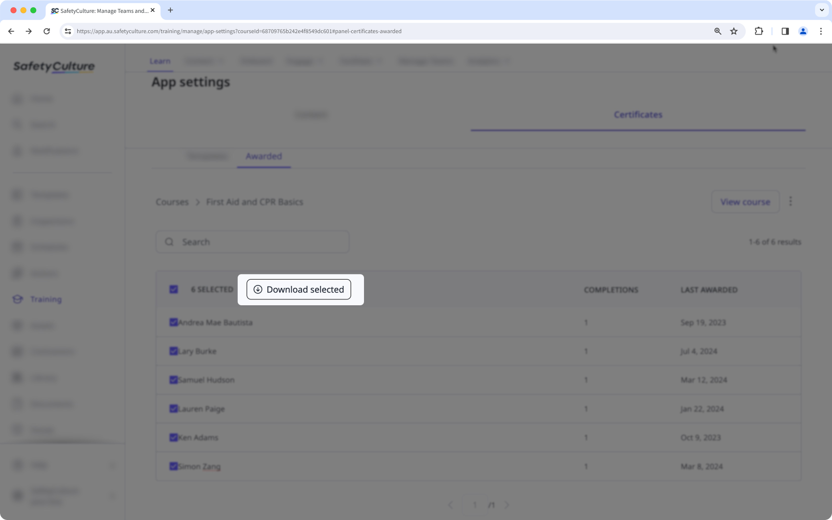 Mithilfe der SafetyCulture Web-App können Abschlusszertifikate für Schulungskurse in großen Mengen herunterladen.