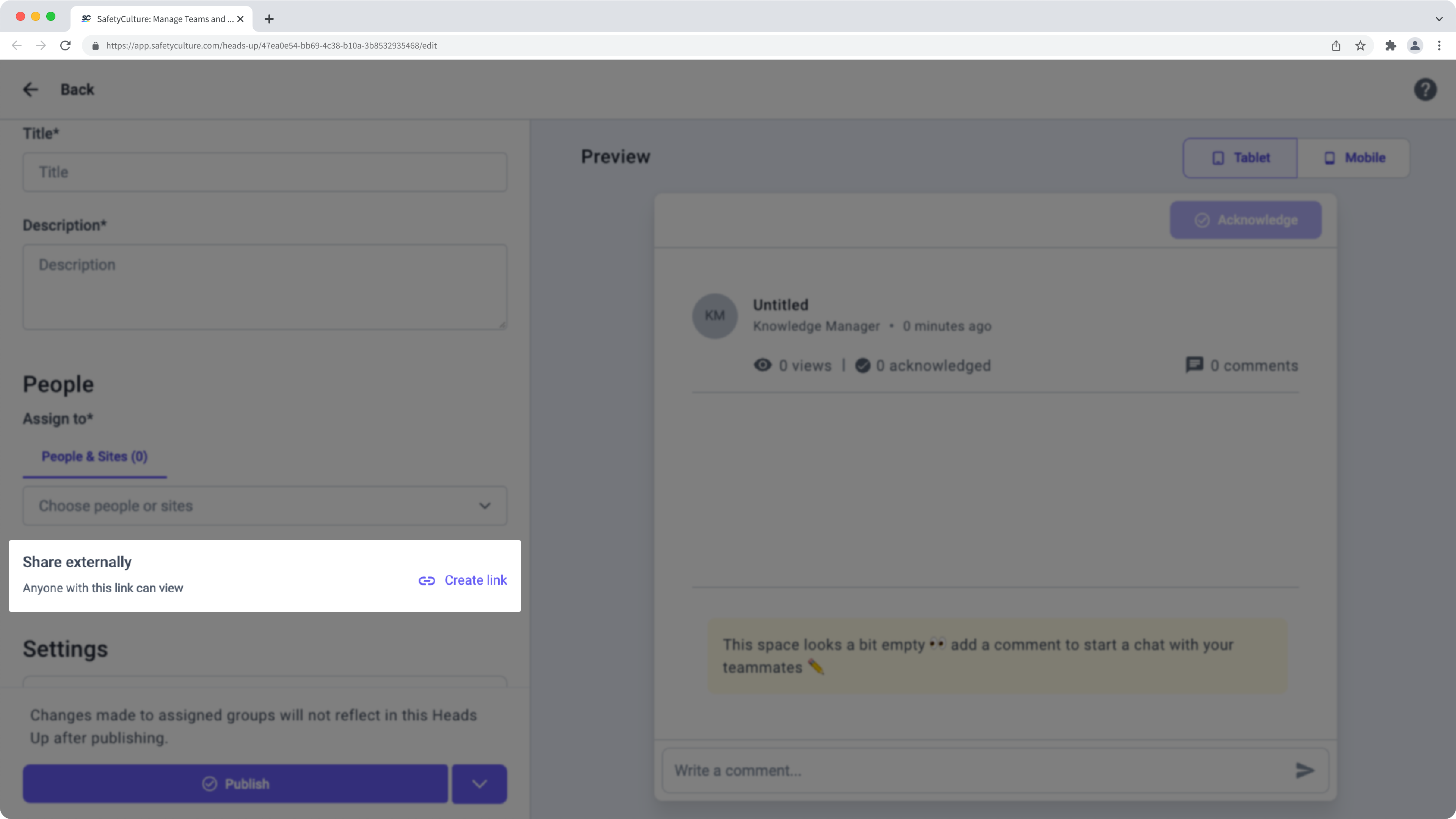 Ein neues Heads Up extern über die Web-App teilen.
