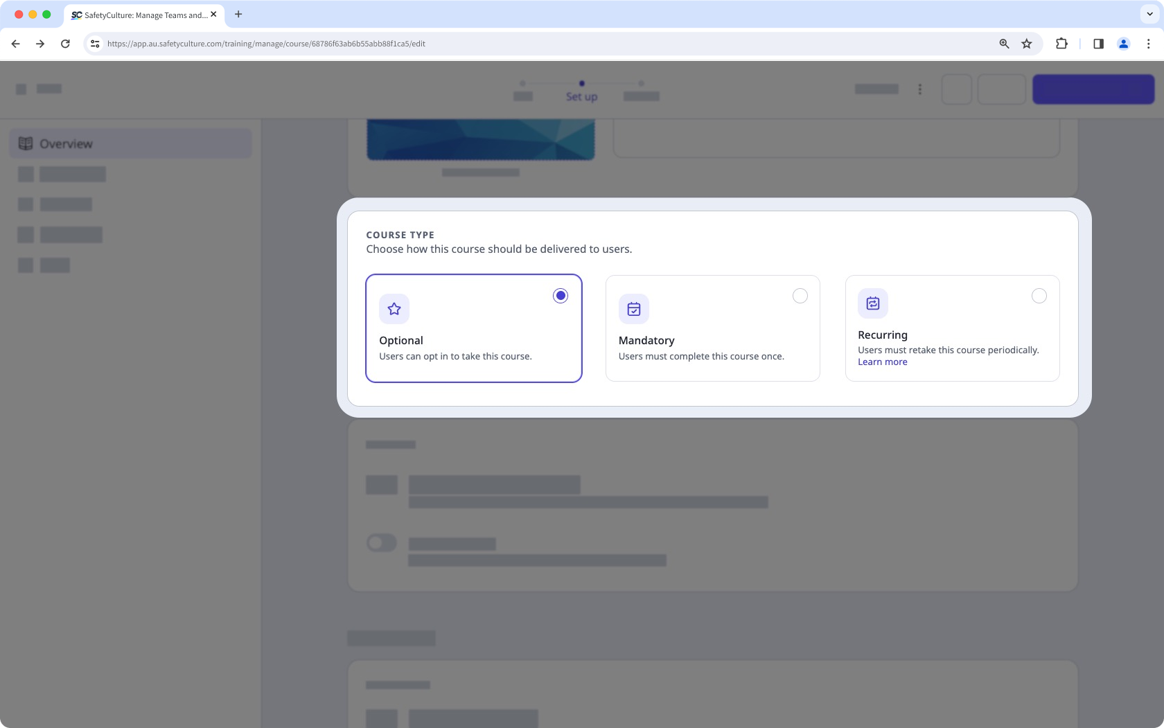Manage the course type for a training course via the web app.
