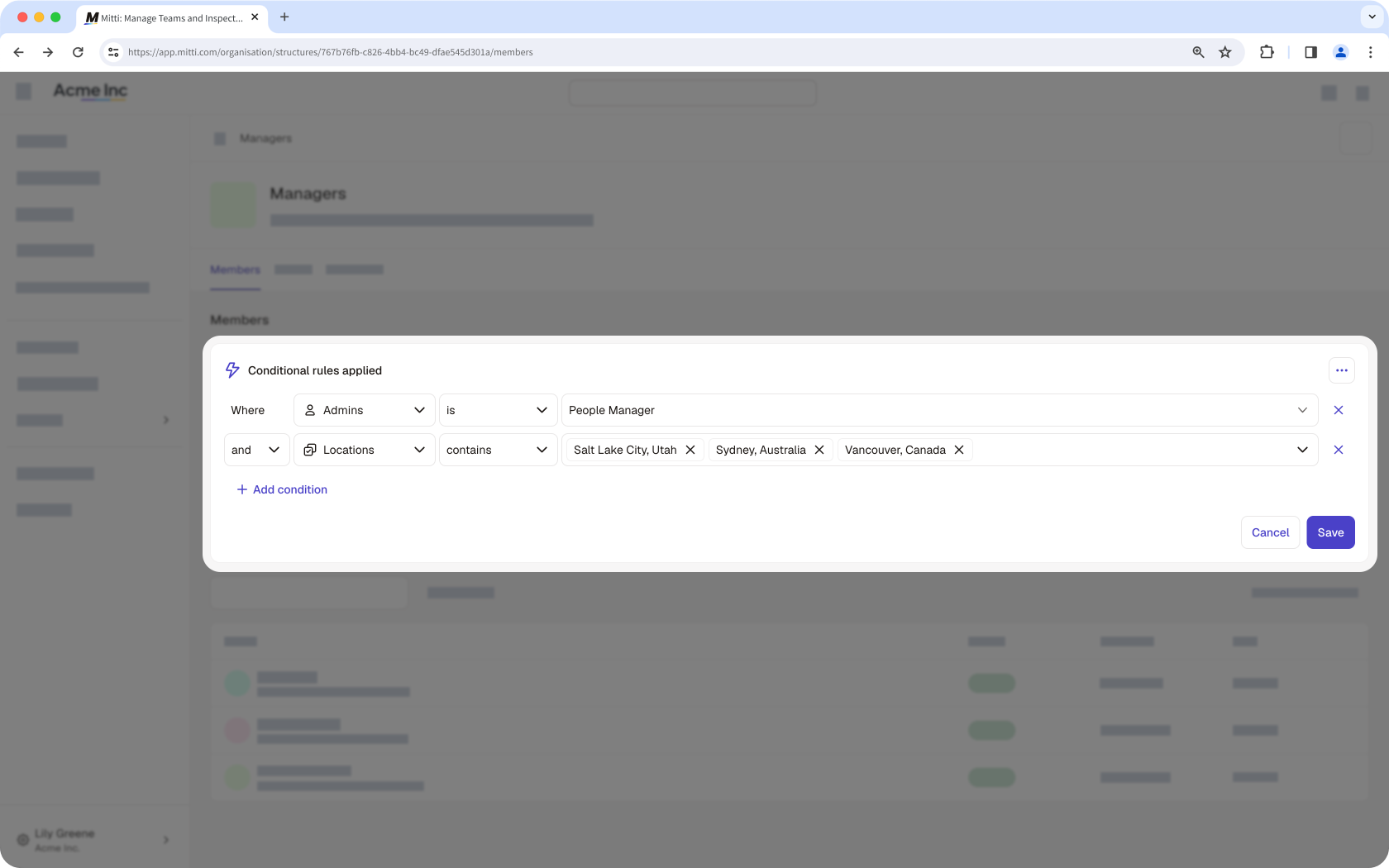 The Members tab in a group with conditional rules set up to automate membership in groups.
