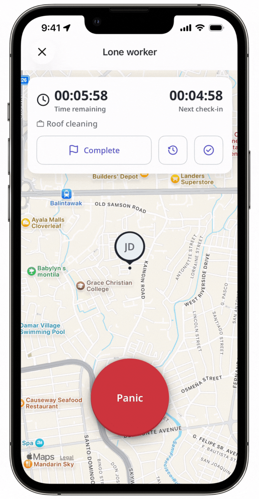 Starten Sie eine Panik in einem Einzelarbeitsplatz über die mobile App.
