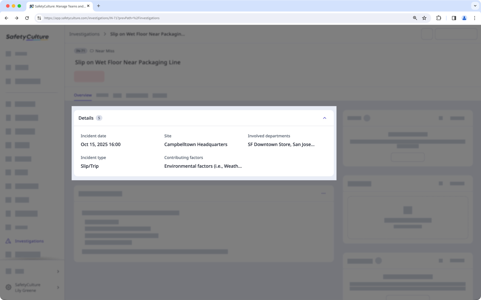 Un ejemplo de campos de detalles en una investigación en la aplicación web.