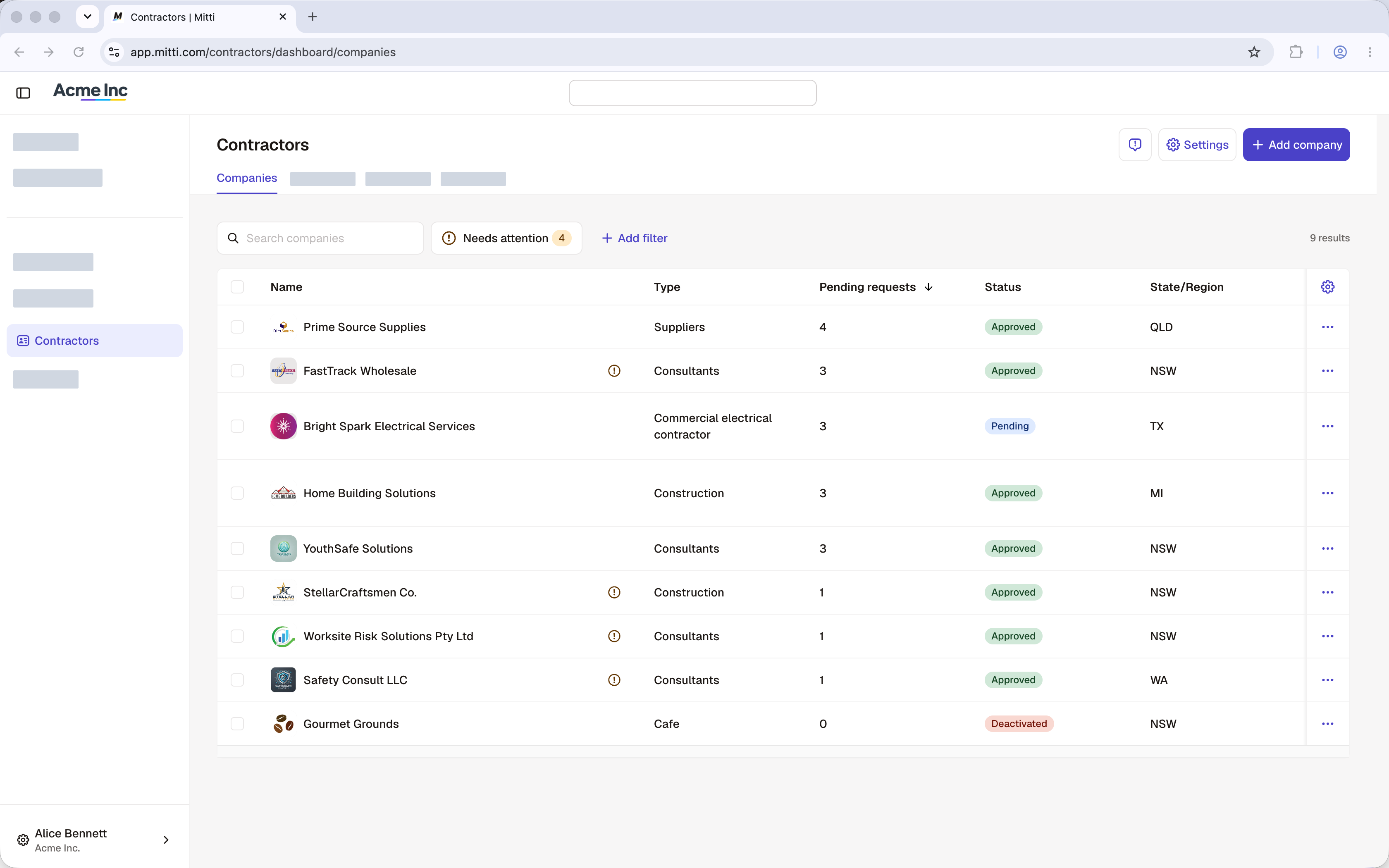 Das Dashboard für Auftragnehmer zeigt die Registerkarte „Unternehmen“ und eine Liste aller Unternehmen.