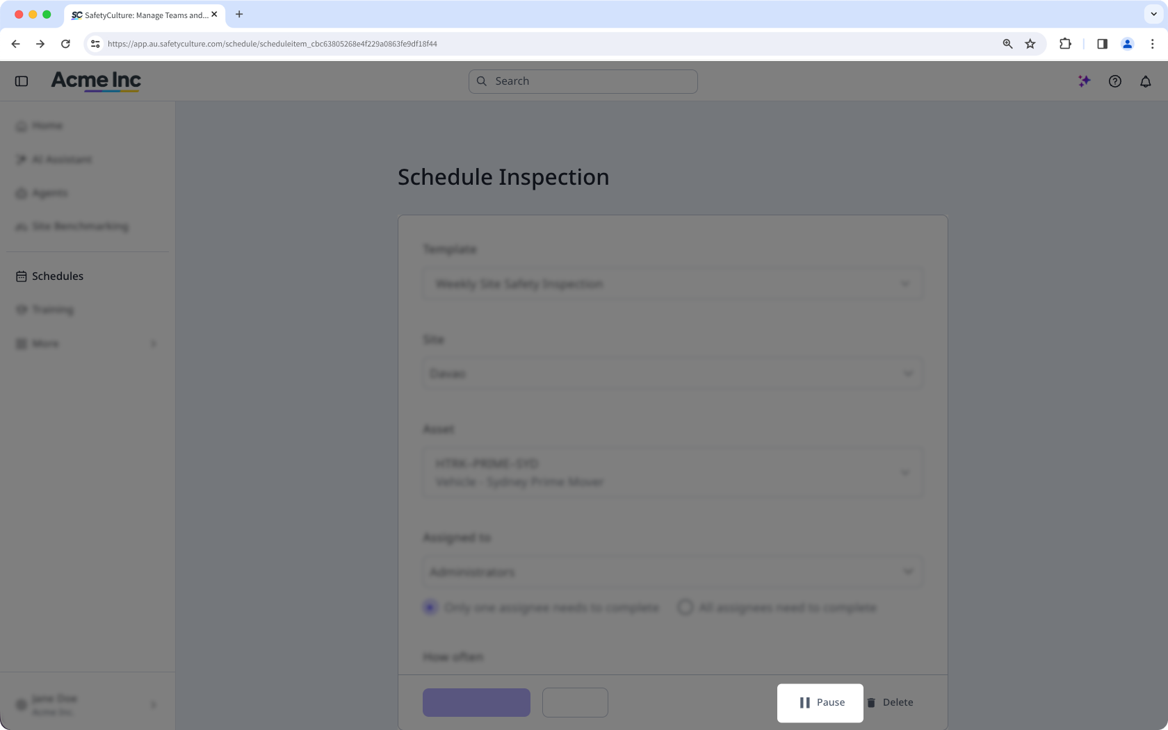 La page de modification de planning affichant l'option permettant de mettre le planning en pause.
