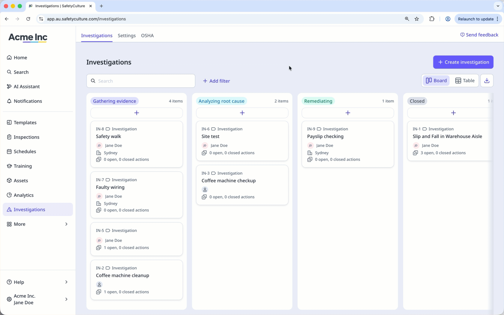 Filter investigations by sites via the web app.