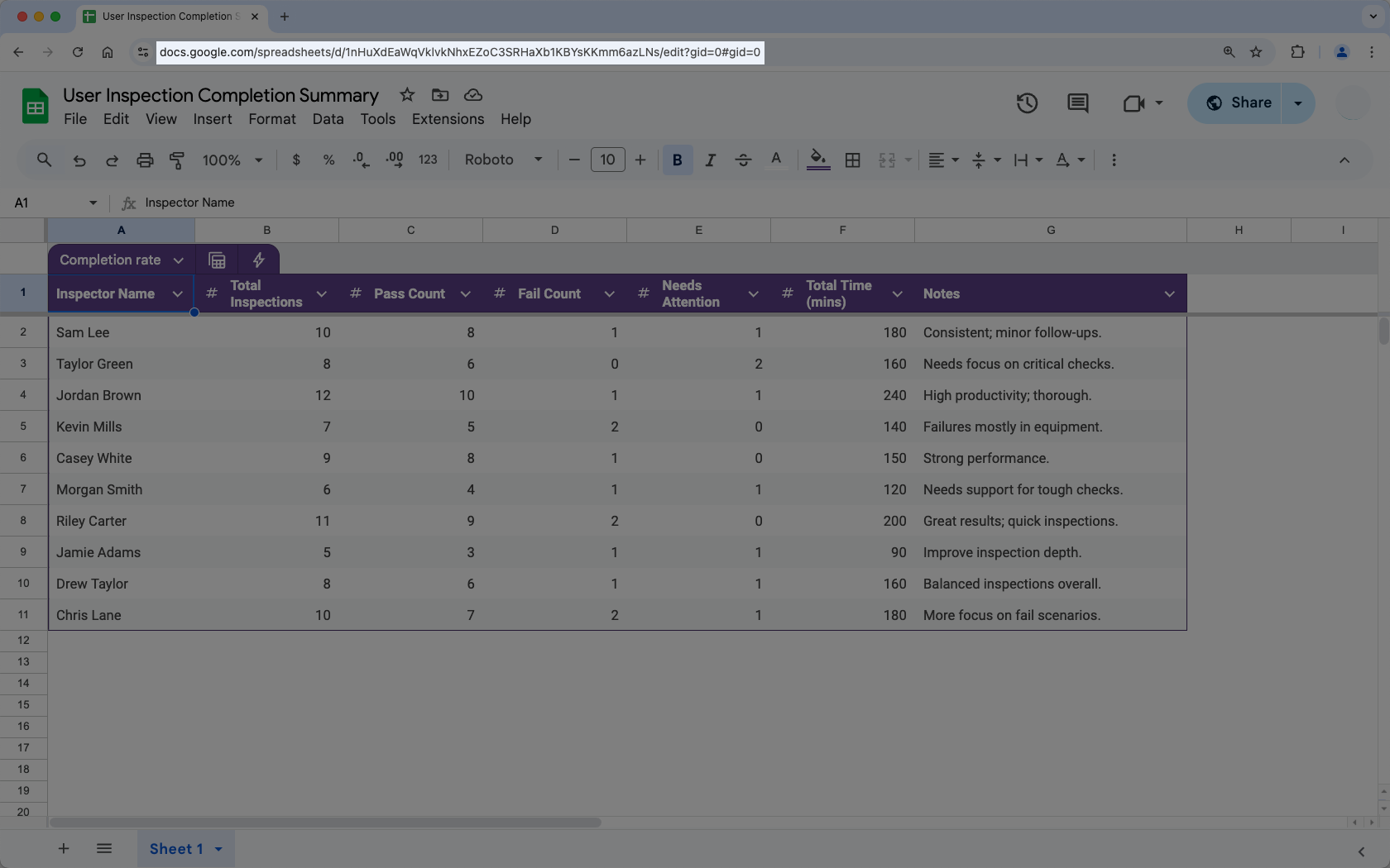 Copier le lien Google Sheets.