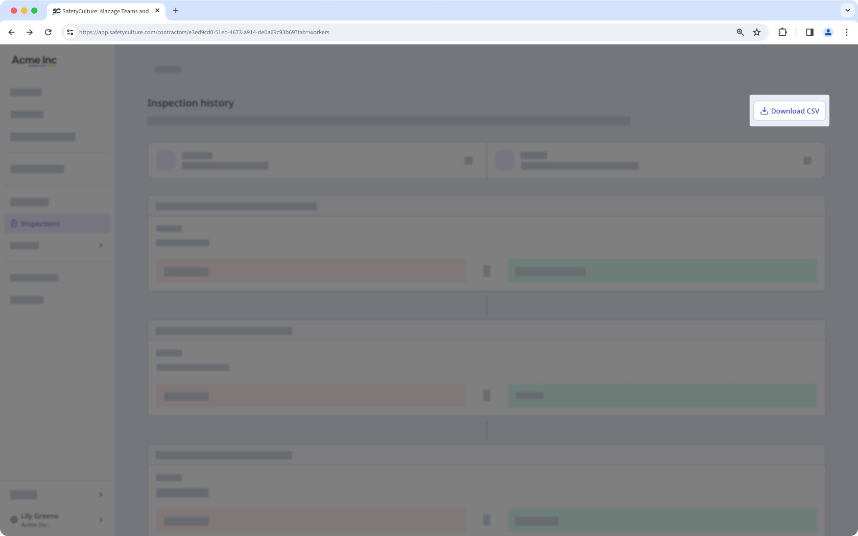 La page d'historique des inspections avec le bouton « Télécharger CSV » visible.