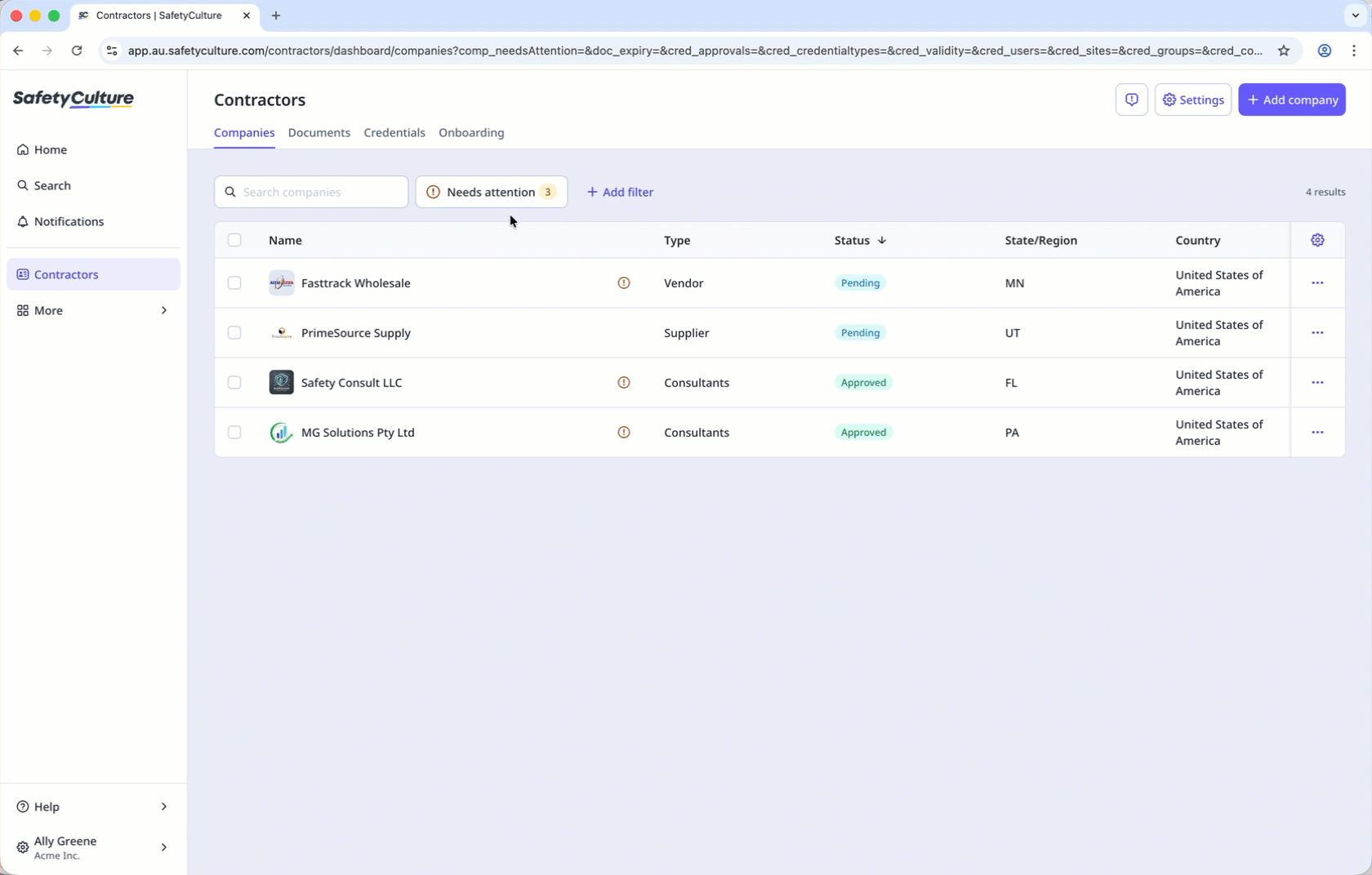 Viewing the companies, documents, credentials, and onboarding tabs within the dashboard.
