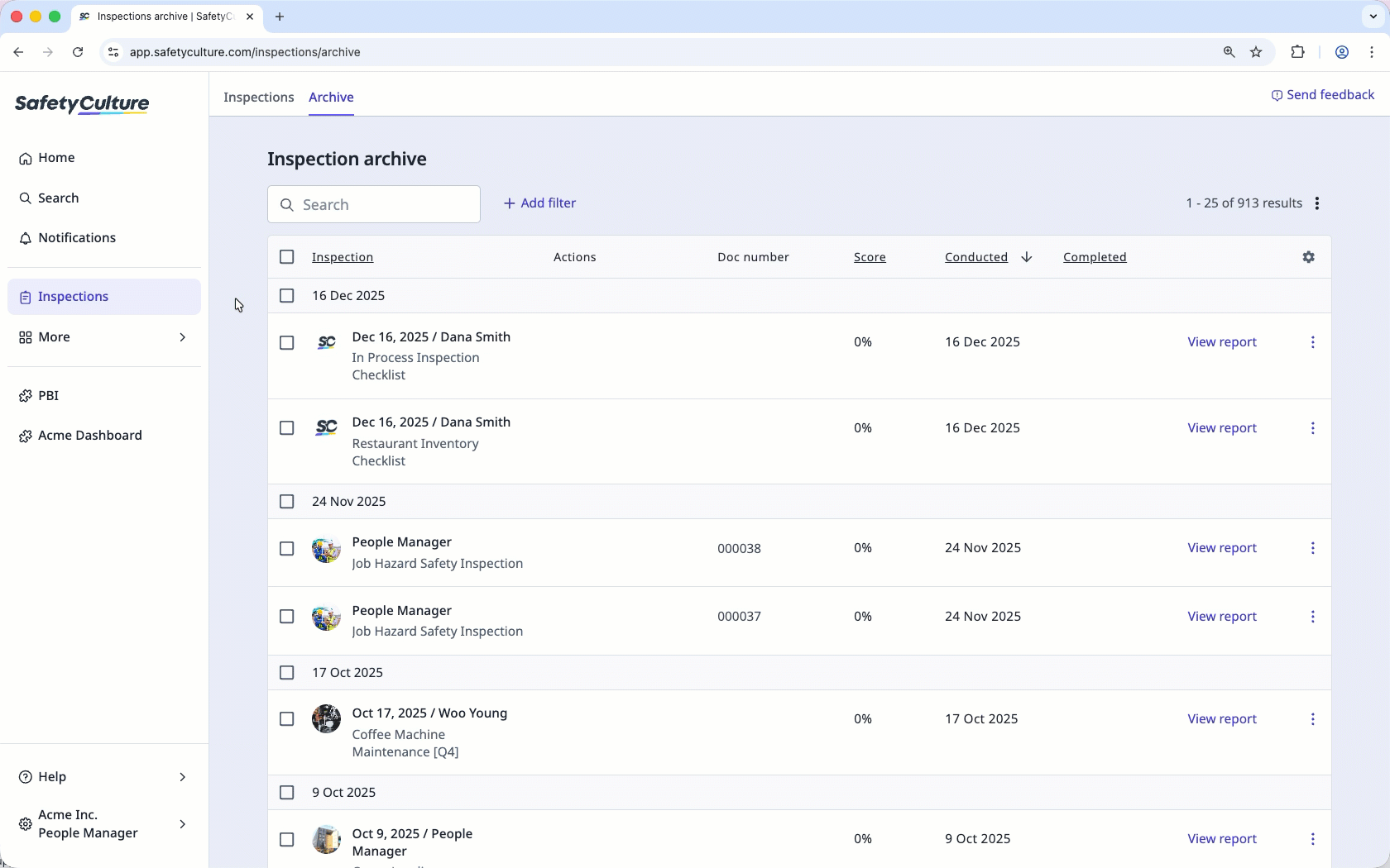 Bulk restore archived inspections via the web app.