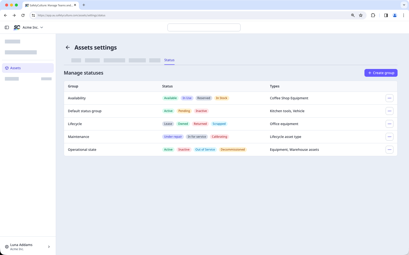 The Manage statuses table on the Assets settings Status tab, listing five status groups with their statuses and asset types.