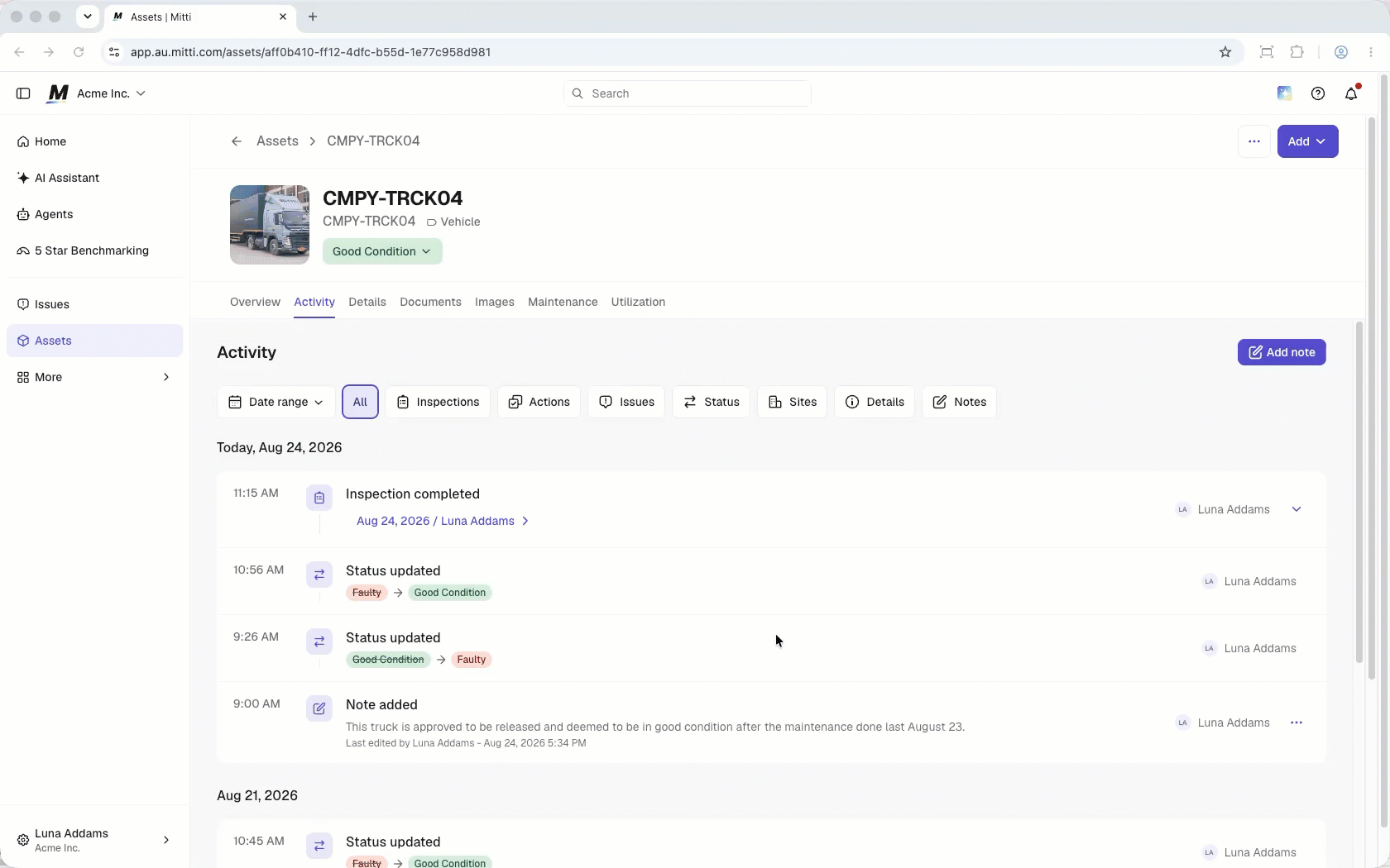 Delete a note to permanently remove it from the activity log.