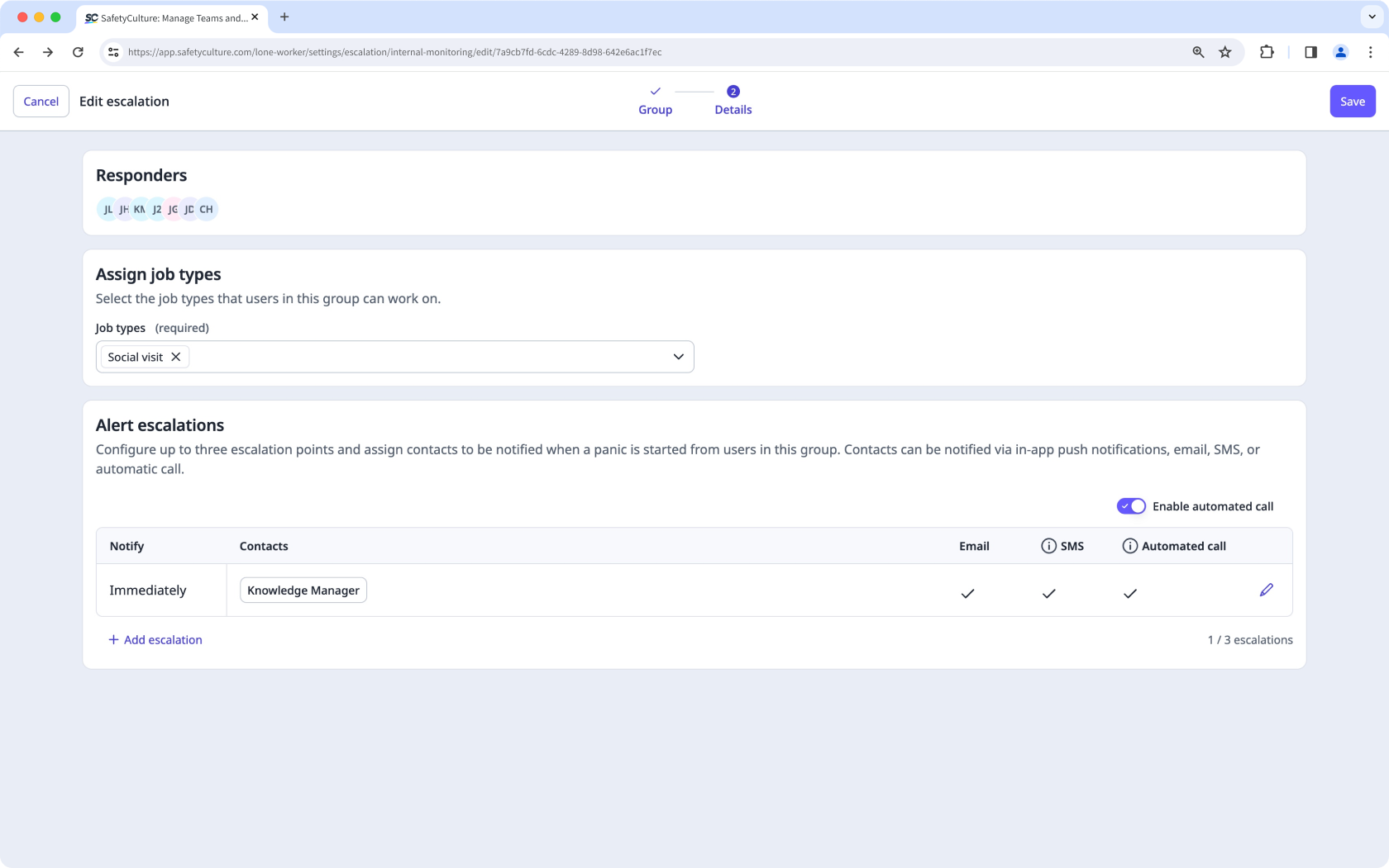 An example of alert escalations for a group in the Lone Worker feature on the web app.