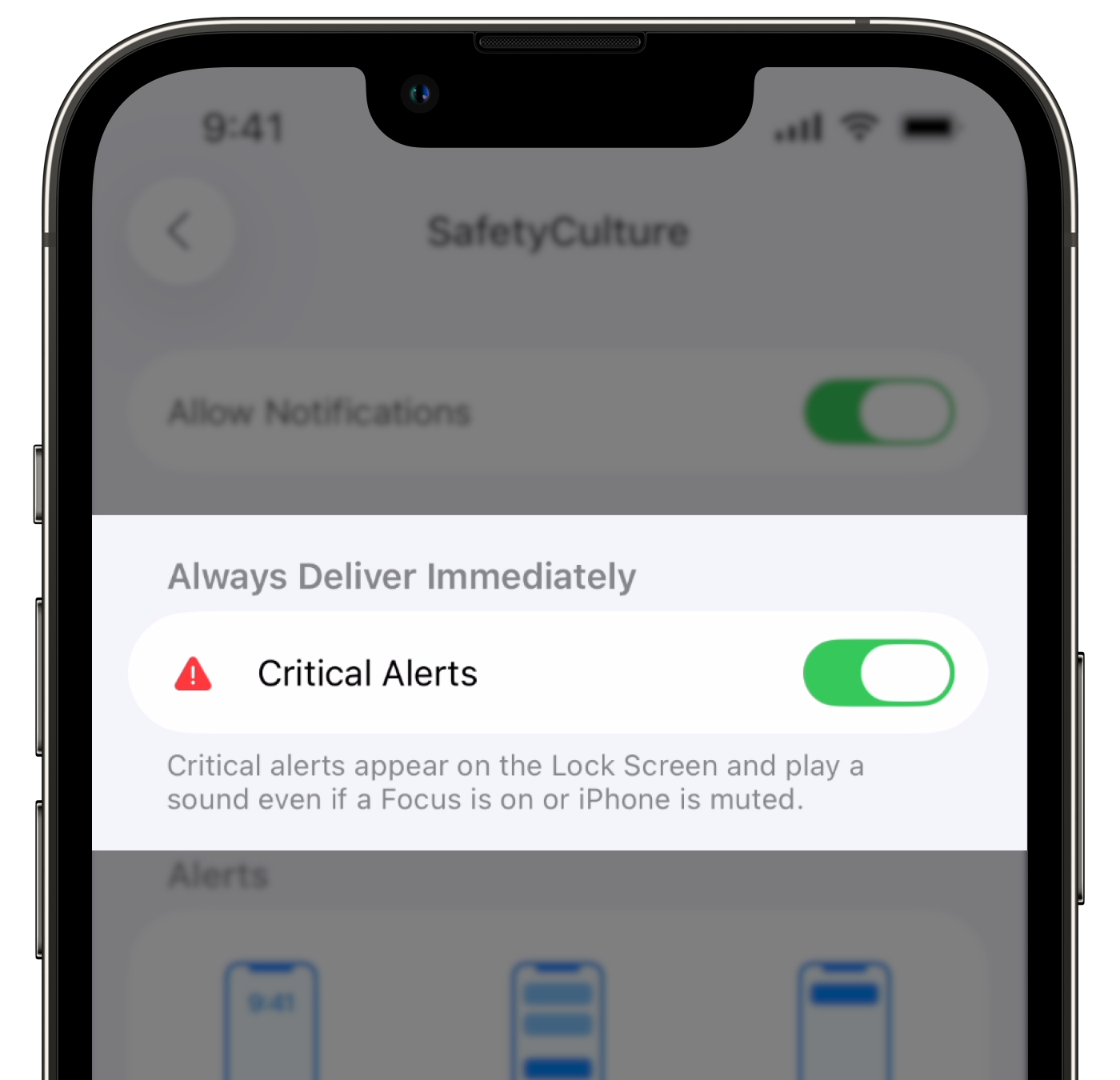 Activar o desactivar Alertas críticas a través de los ajustes de los dispositivos iOS.