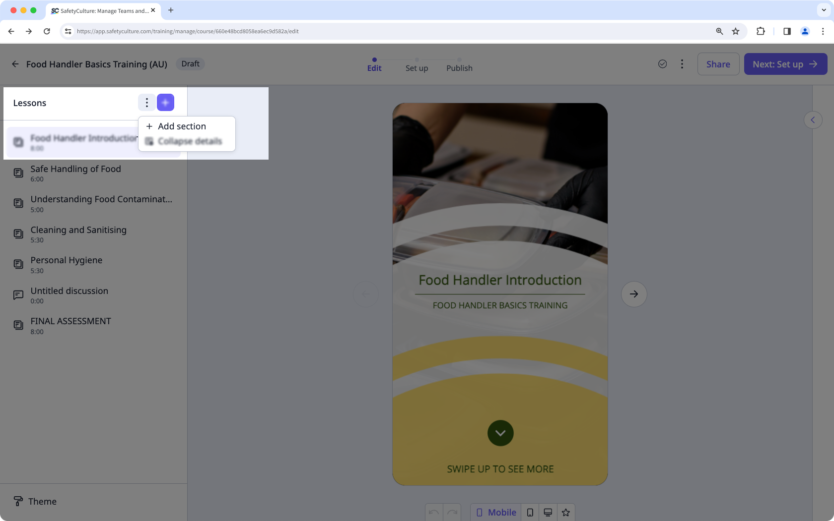 Ajouter une section de cours depuis l'application Web de SafetyCulture.