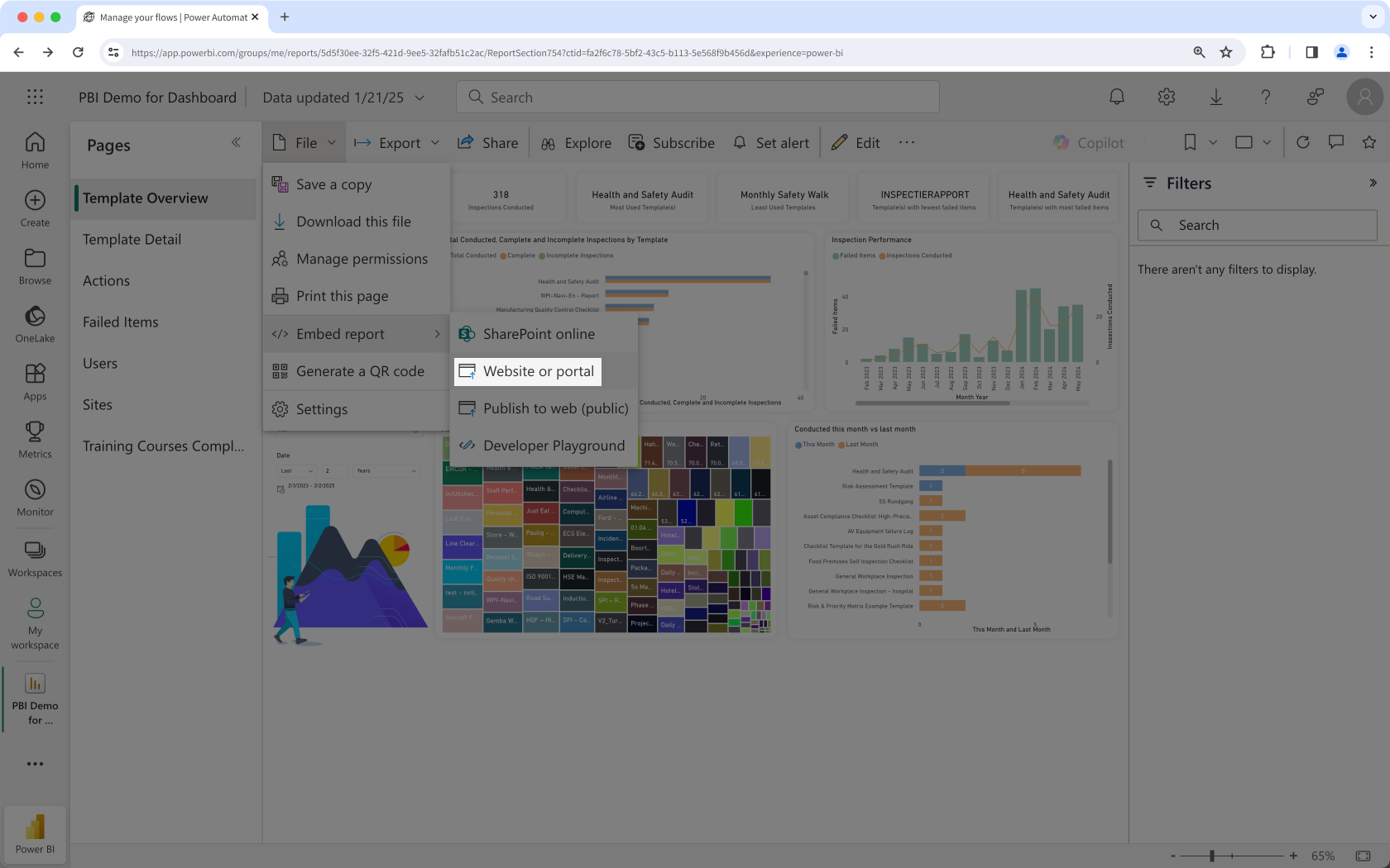 Sélectionnez Publier sur le Web (public) dans Microsoft Power BI.