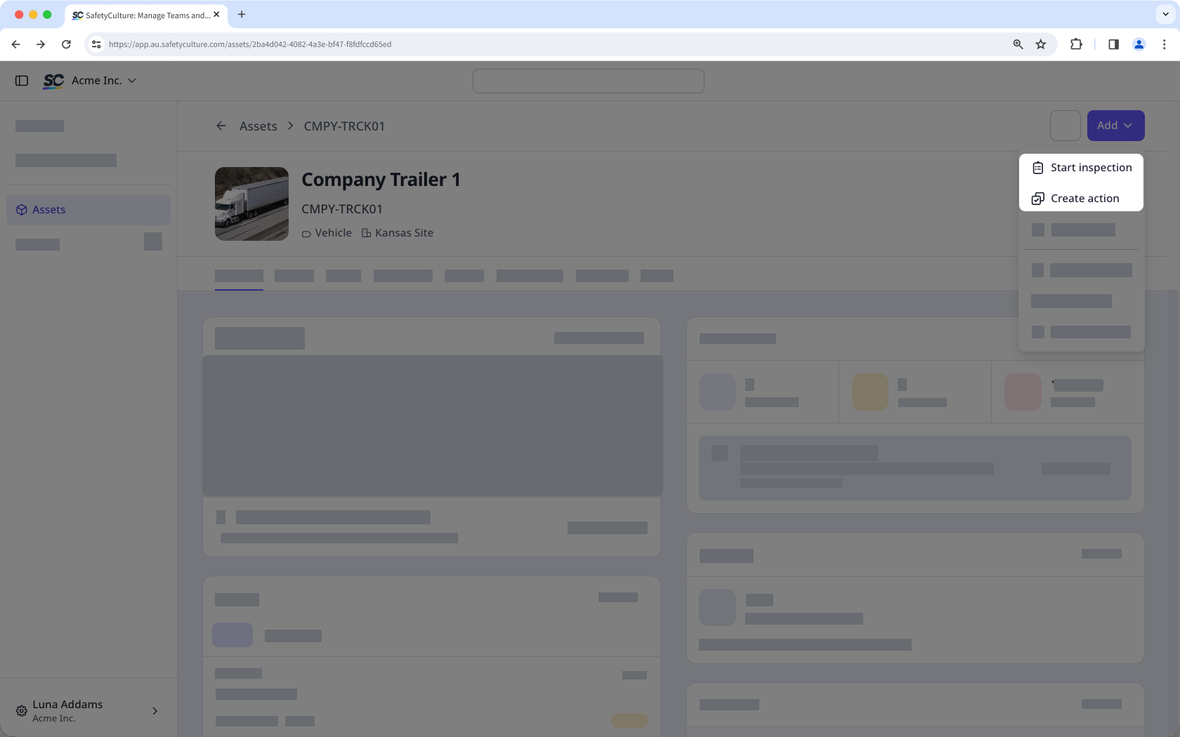 The asset profile showing the menu to "Start inspection" and "Create action" options.