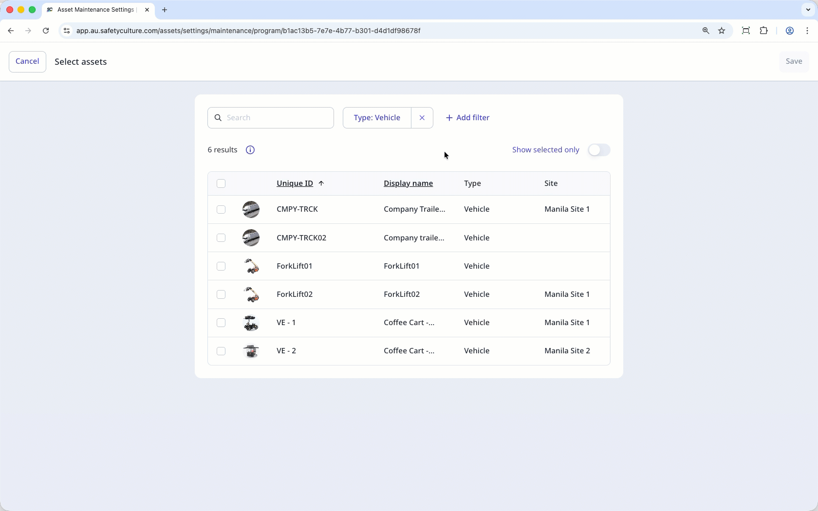 Select and add assets to a maintenance program.