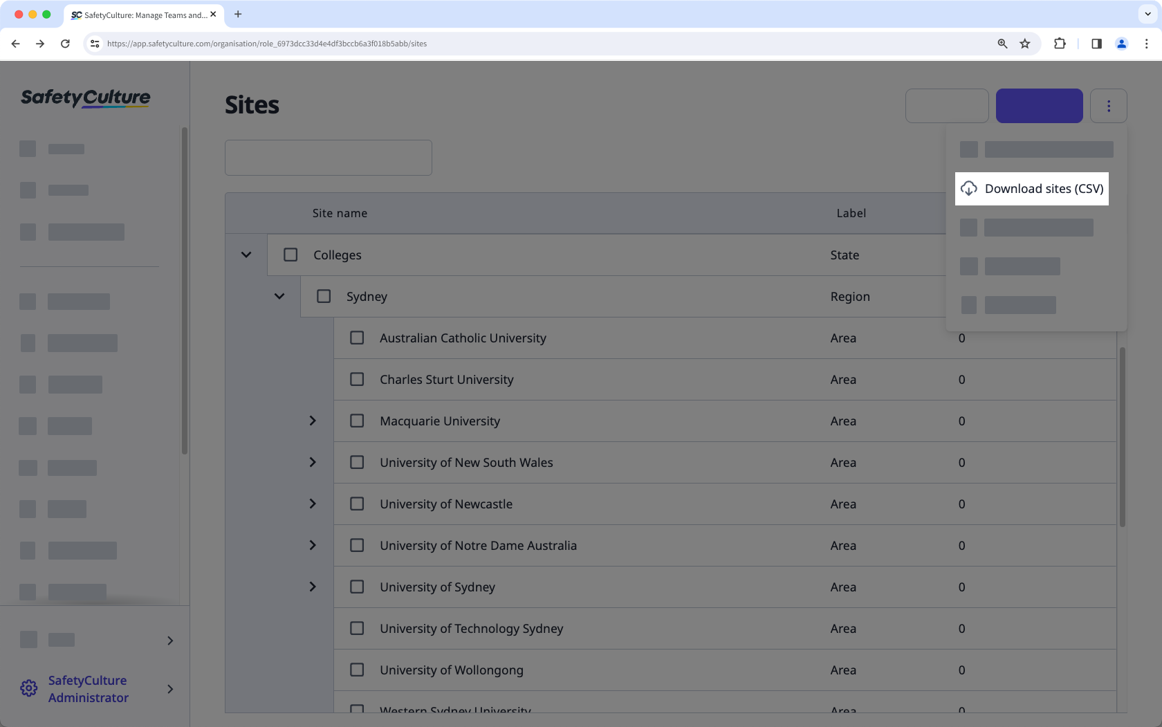 Télécharger la liste des sites de votre organisation sous forme de fichier CSV à partir de l'application Web.