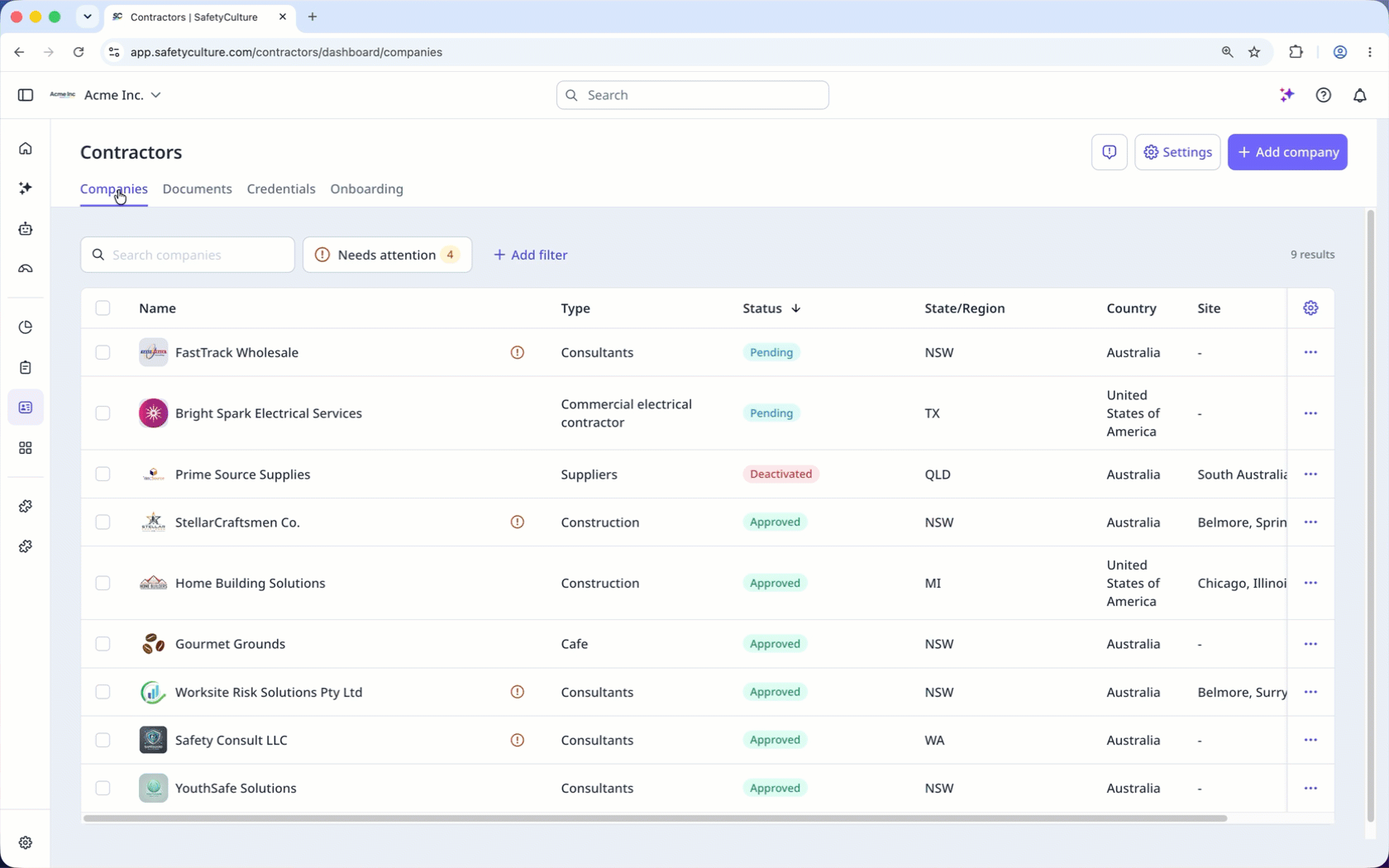 User navigates from the Contractors page to the Documents tab to view the list of documents available for the company.