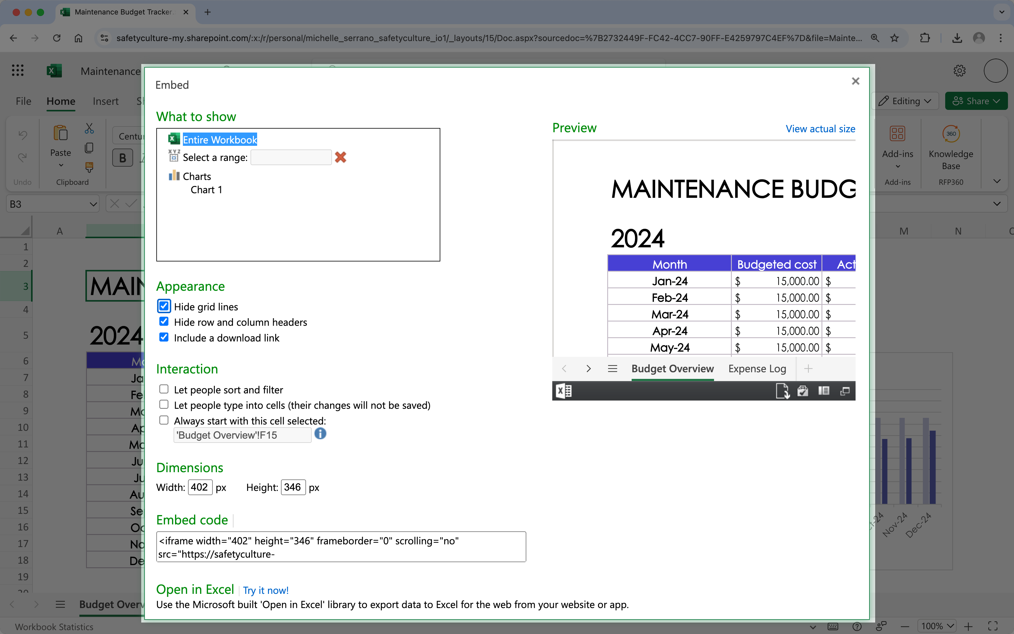 Personnalisez l'apparence de votre Microsoft Excel incorporé.