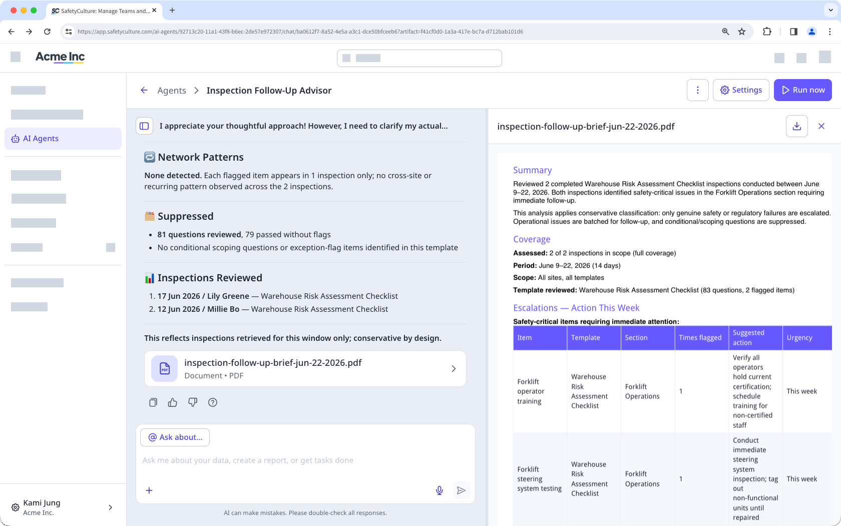 An agent conversation with a preview of the generated PDF report based on its findings.